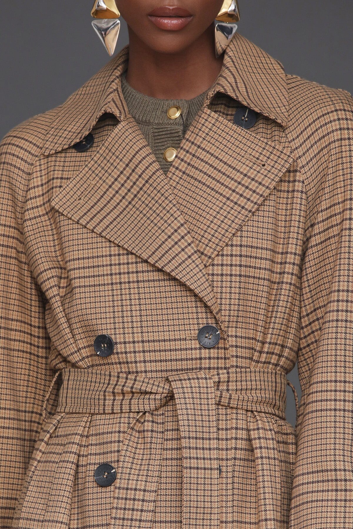 Brown plaid strong shoulder double-breasted maxi trench coat with detachable self-tie belt and long sleeves - Cute women's trench coats by Avec Les Filles