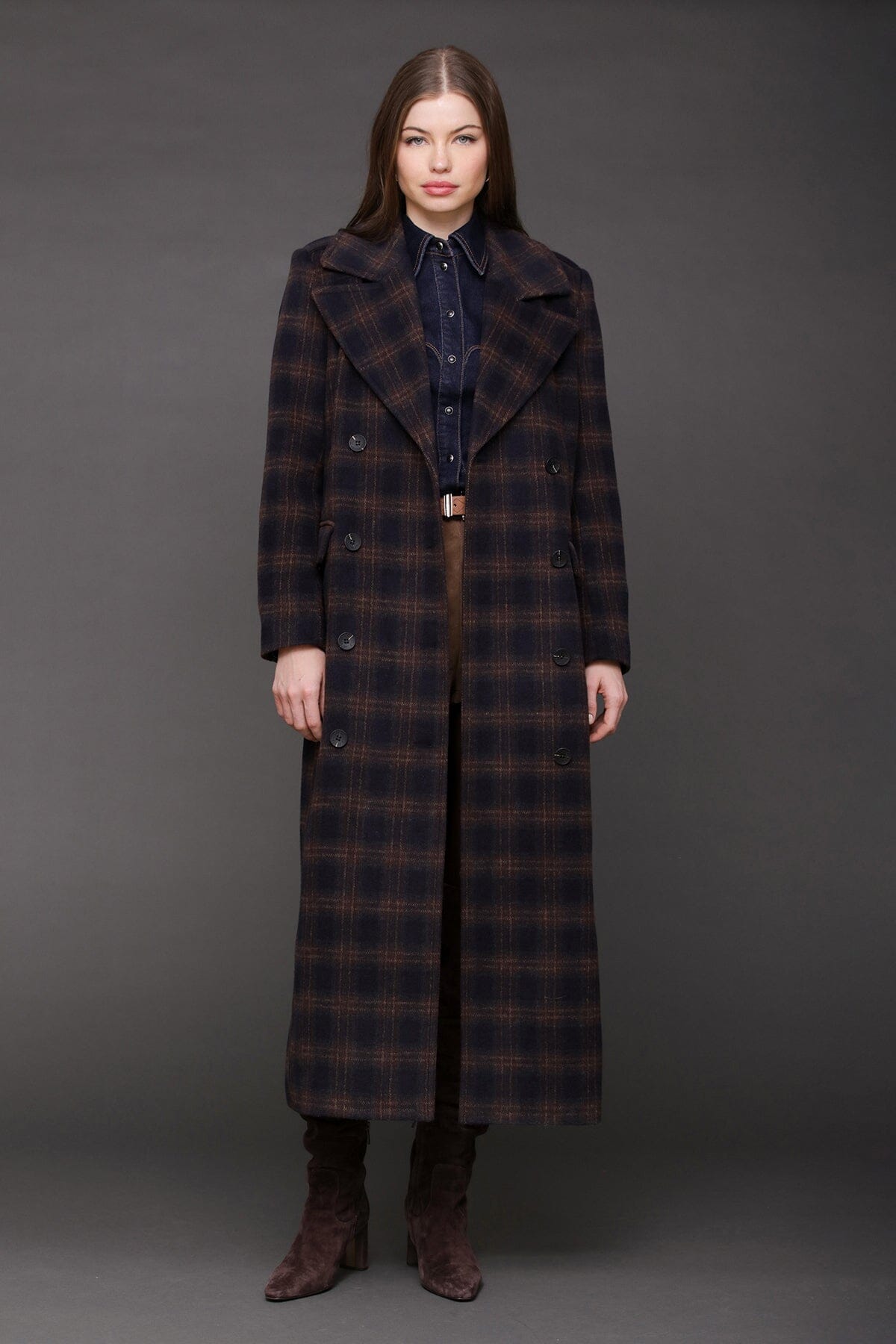Navy and burgundy plaid double-breasted maxi long overcoat, for Fall 2025 - Shop cute long tailored dressy coats for women by Avec Les Filles