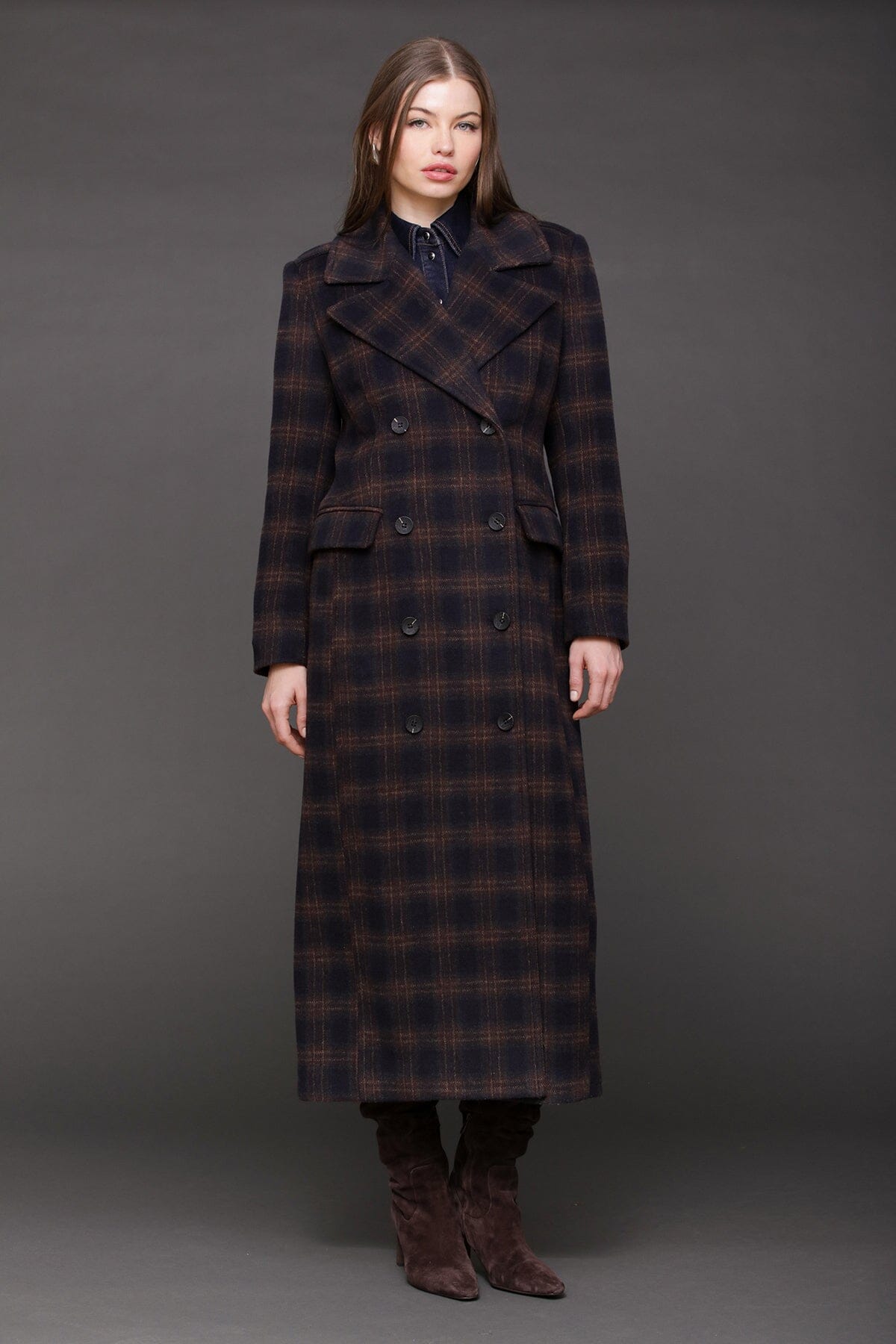 Navy and burgundy plaid double-breasted maxi long overcoat, for Fall 2025 - Shop cute long tailored dressy coats for women by Avec Les Filles