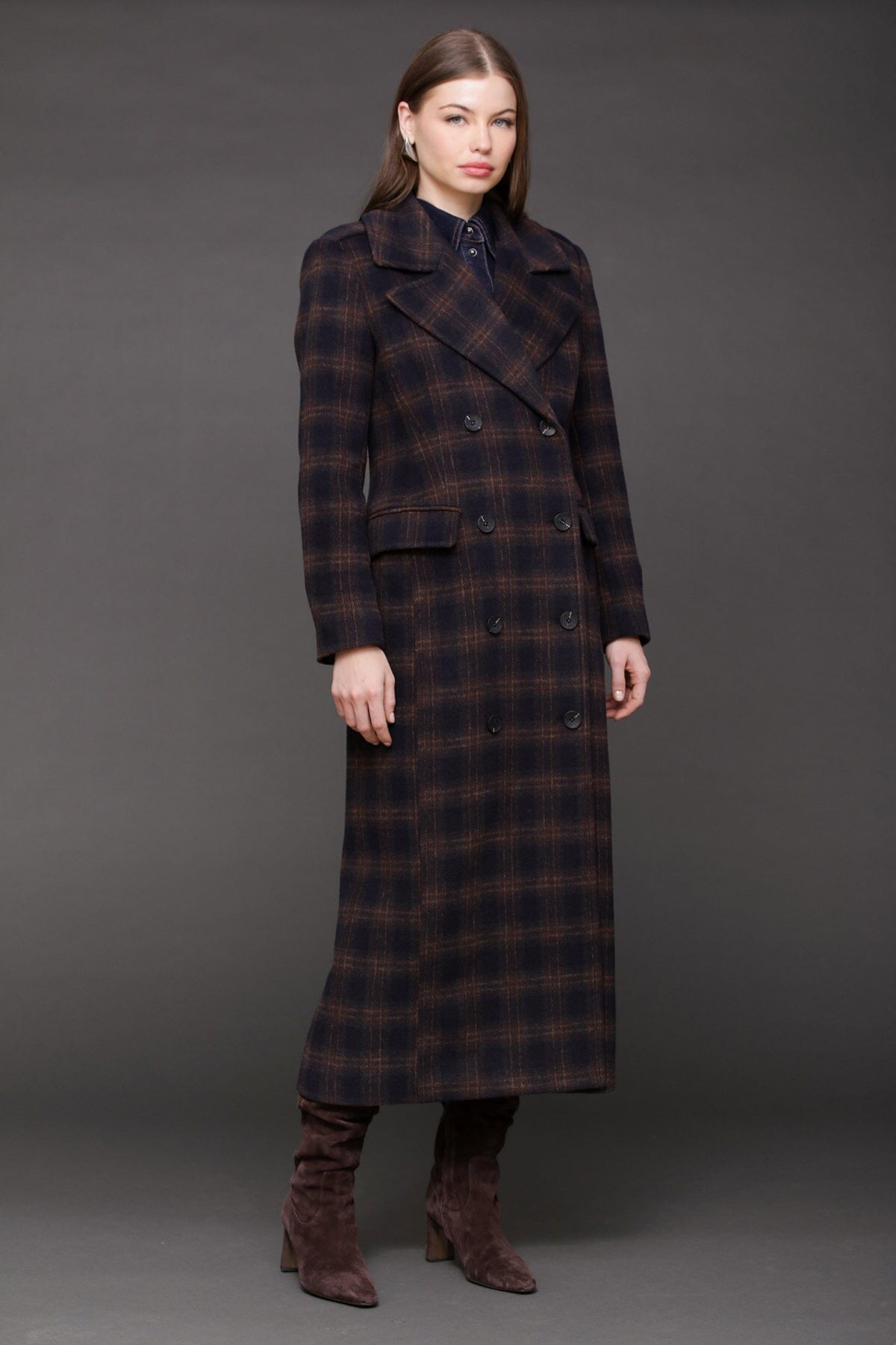 Navy and burgundy plaid double-breasted maxi long overcoat, for Fall 2025 - Shop cute long tailored dressy coats for women by Avec Les Filles