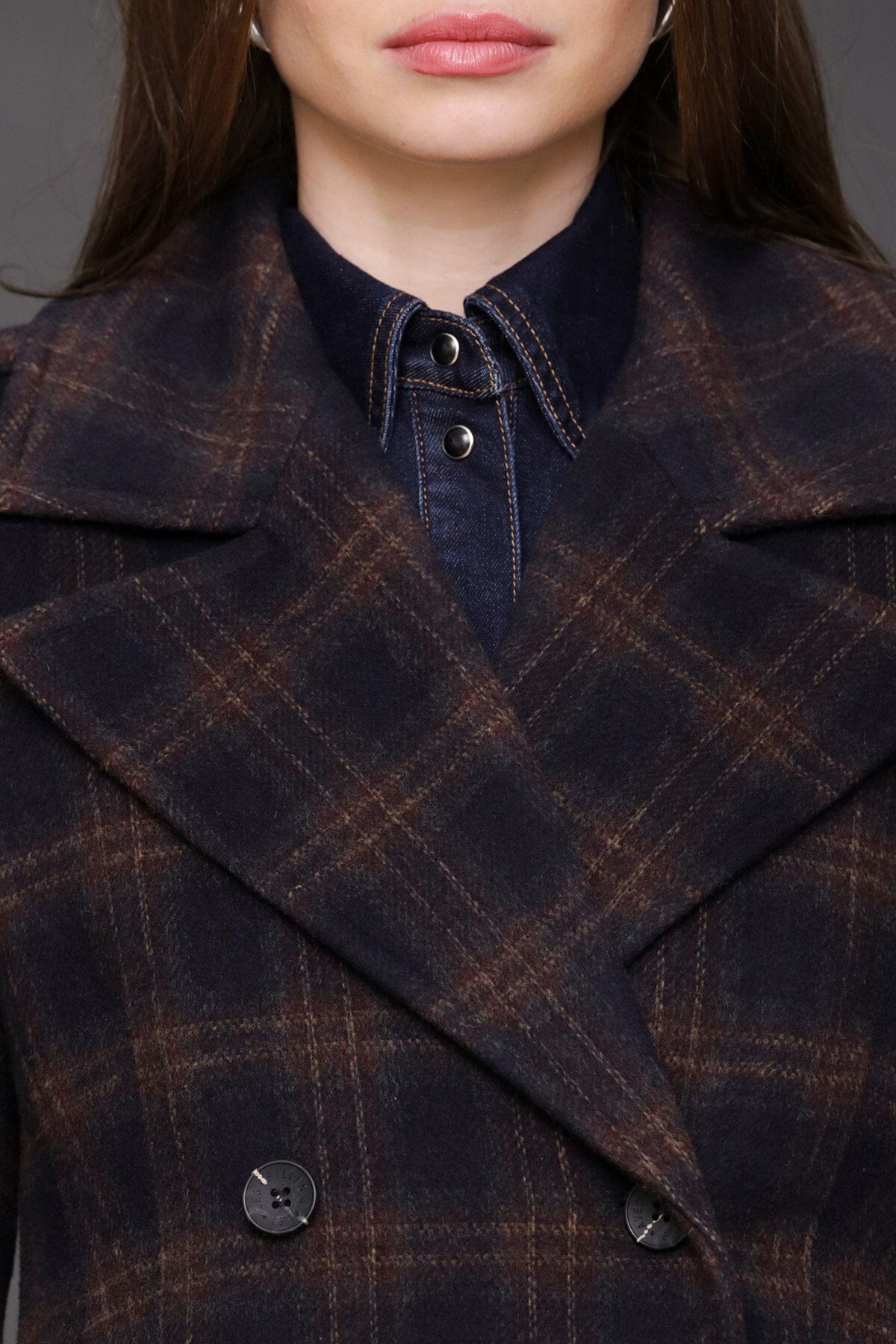 Navy and burgundy plaid double-breasted maxi long overcoat, for Fall 2025 - Shop cute long tailored dressy coats for women by Avec Les Filles