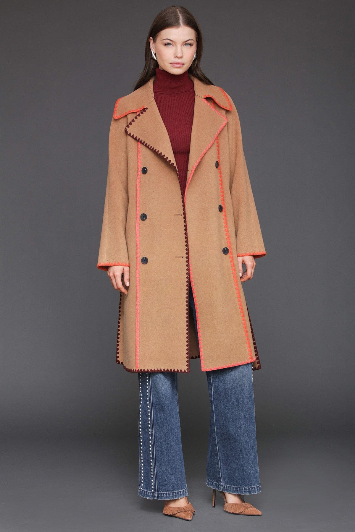 Contrast blanket stitch double-breasted caramel wrap coat with self-tie belt and long sleeves - Cute women's maxi coats by Avec Les Filles