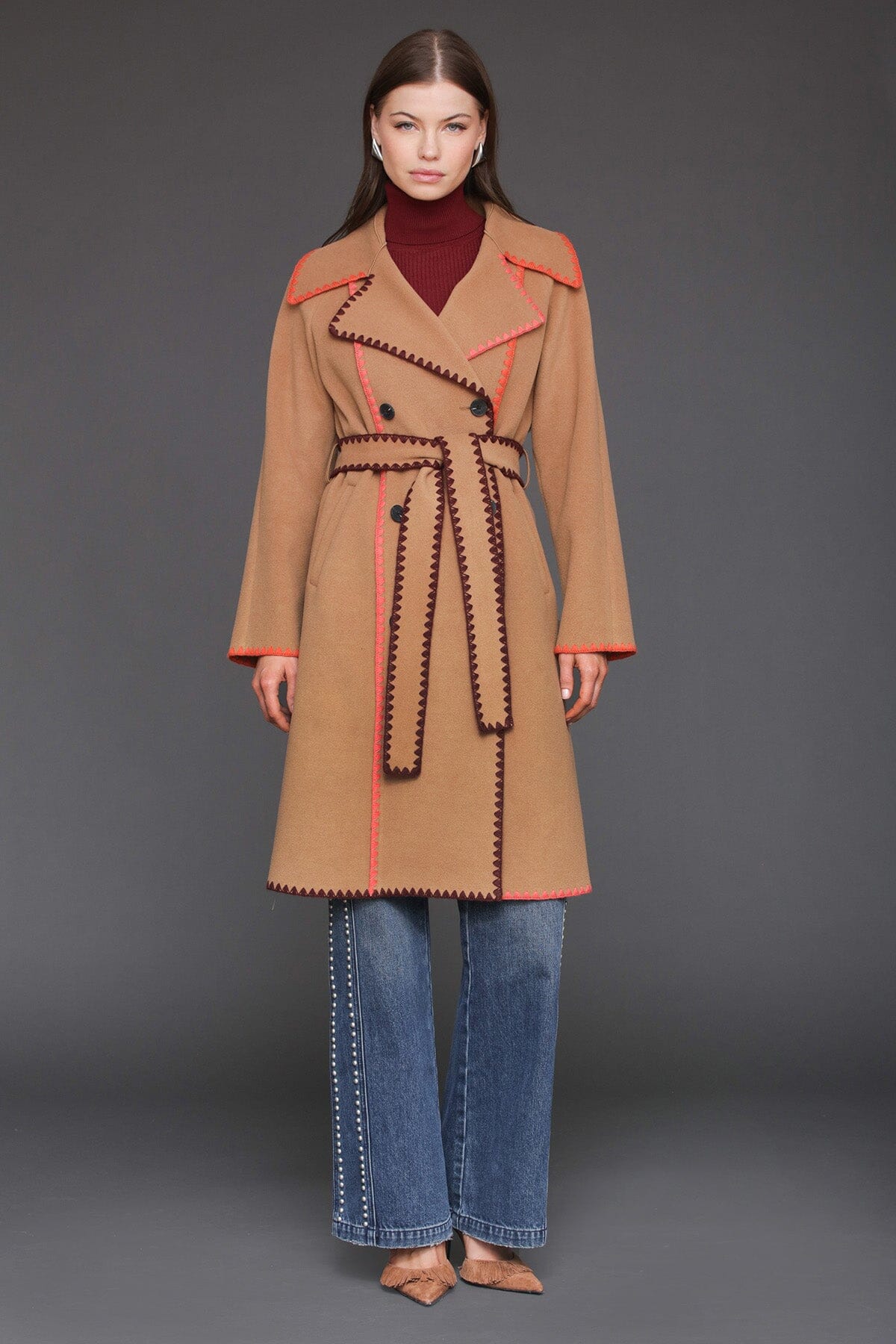 Contrast blanket stitch double-breasted caramel wrap coat with self-tie belt and long sleeves - Cute women's maxi coats by Avec Les Filles
