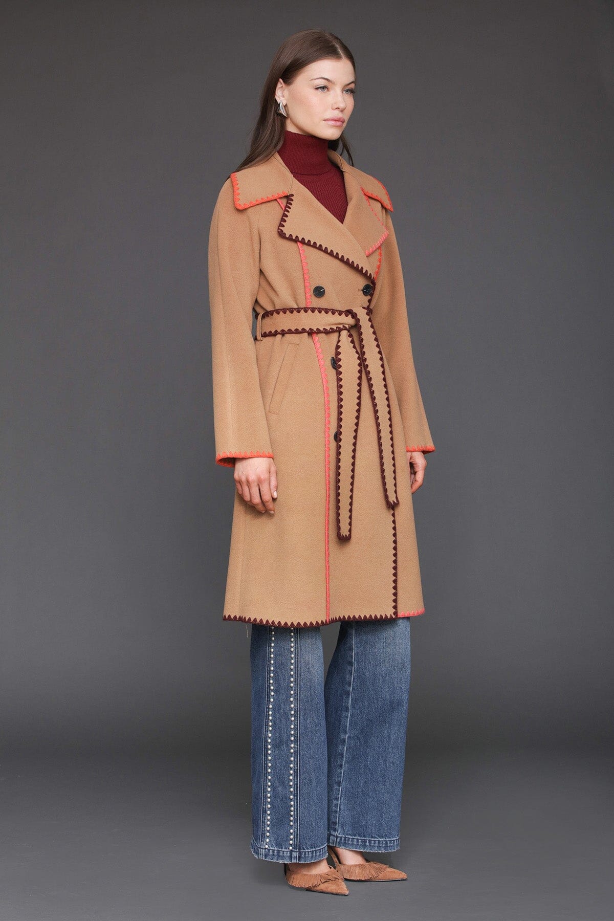 Contrast blanket stitch double-breasted caramel wrap coat with self-tie belt and long sleeves - Cute women's maxi coats by Avec Les Filles