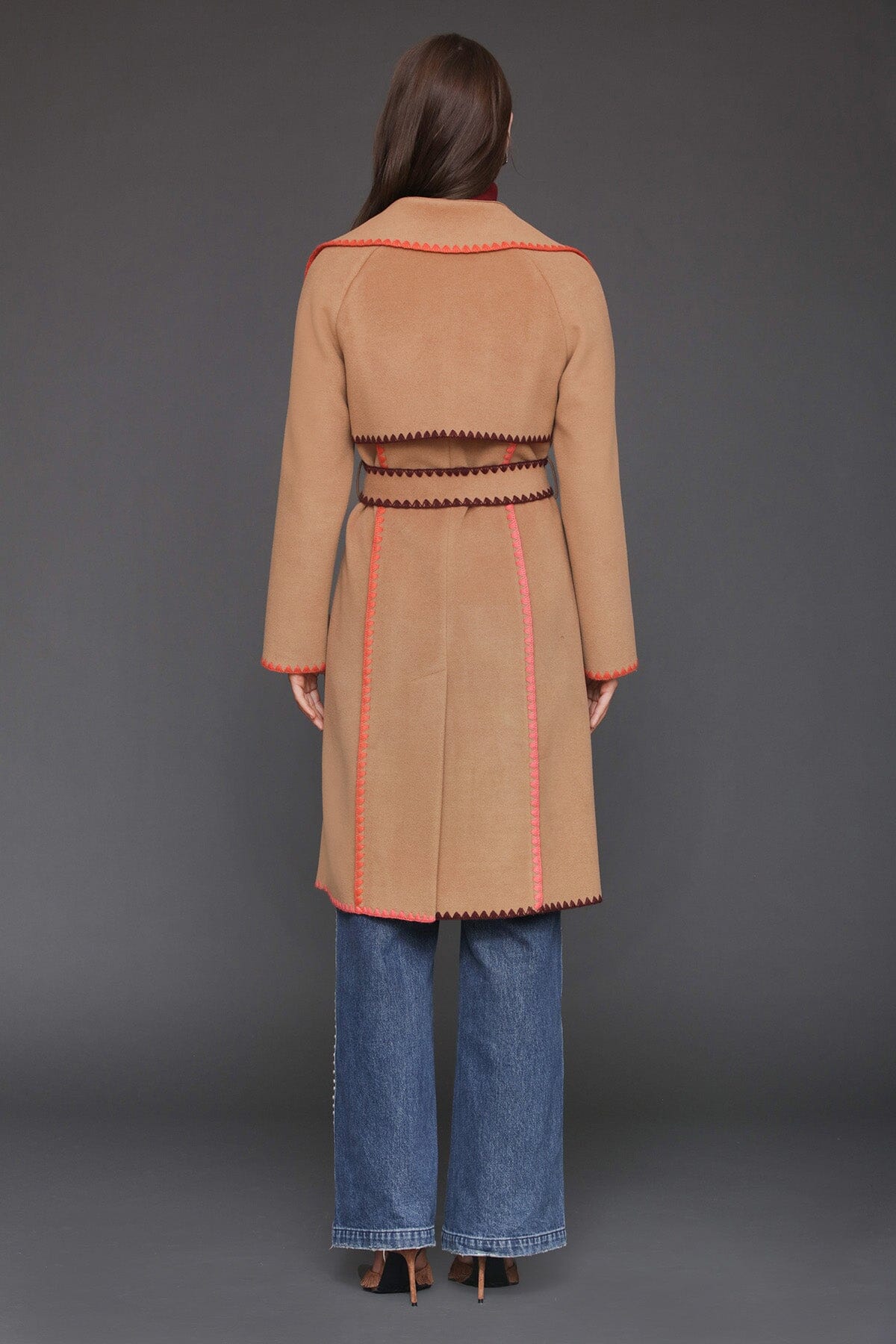 Contrast blanket stitch double-breasted caramel wrap coat with self-tie belt and long sleeves - Cute women's maxi coats by Avec Les Filles