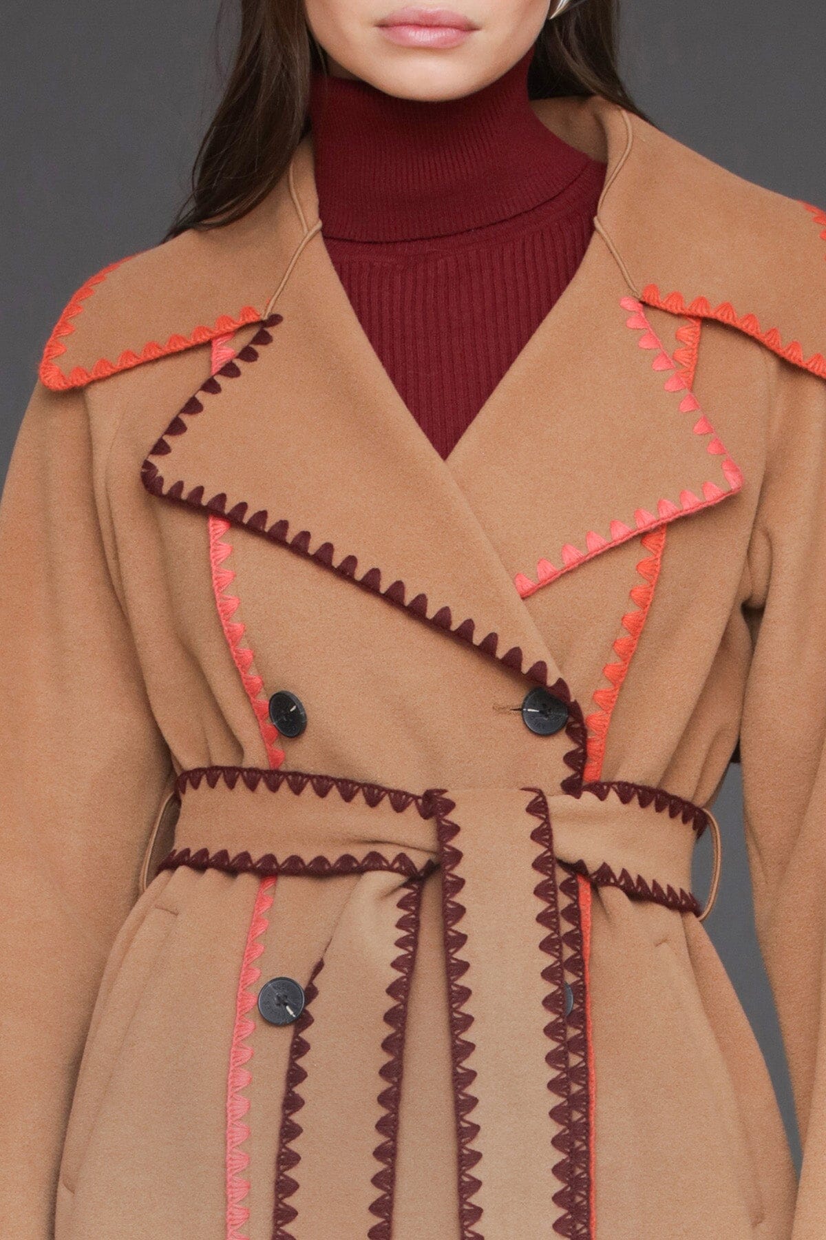 Contrast blanket stitch double-breasted caramel wrap coat with self-tie belt and long sleeves - Cute women's maxi coats by Avec Les Filles