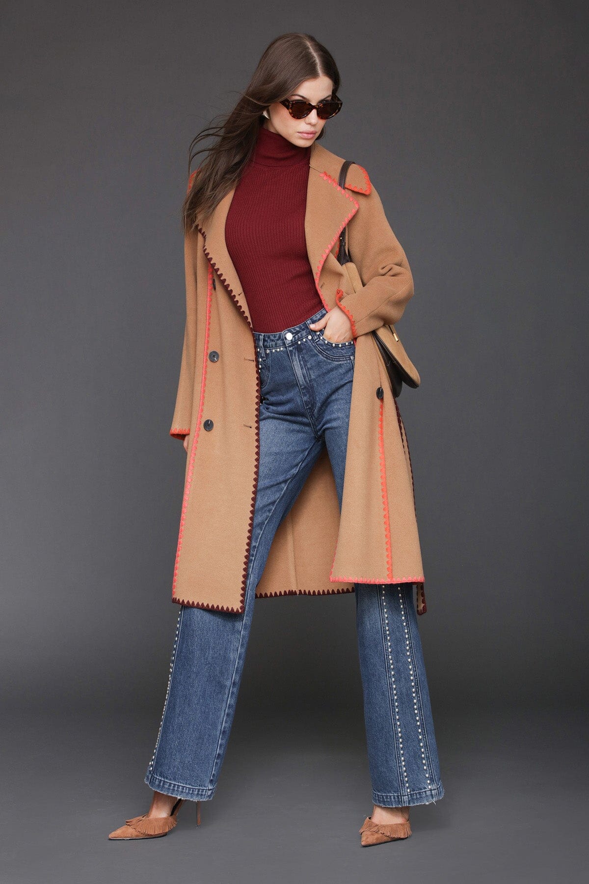 Contrast blanket stitch double-breasted caramel wrap coat with self-tie belt and long sleeves - Cute women's maxi coats by Avec Les Filles
