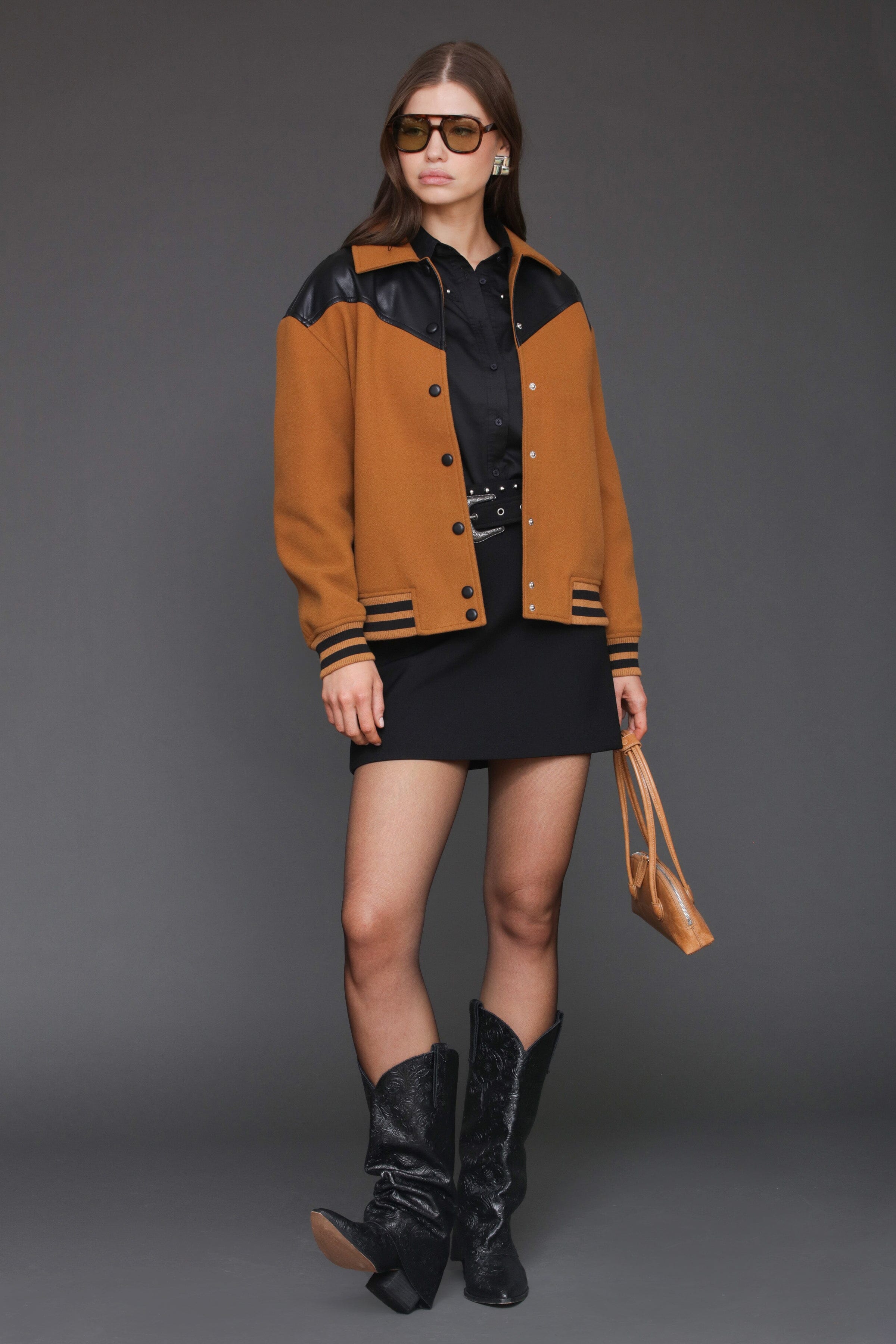 Dark camel hue with contrast black vegan leather shoulder yokes and collar mixed media bomber jacket coats & jackets Avec Les Filles