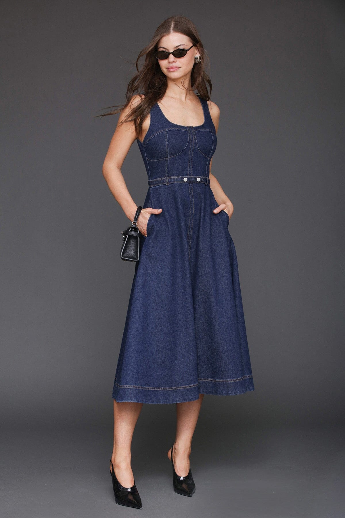 Denim fit & flare bustier cotton blend dark blue midi dress with removable denim belt and sleeveless tank-style straps - Cute women's midi dresses by Avec Les Filles