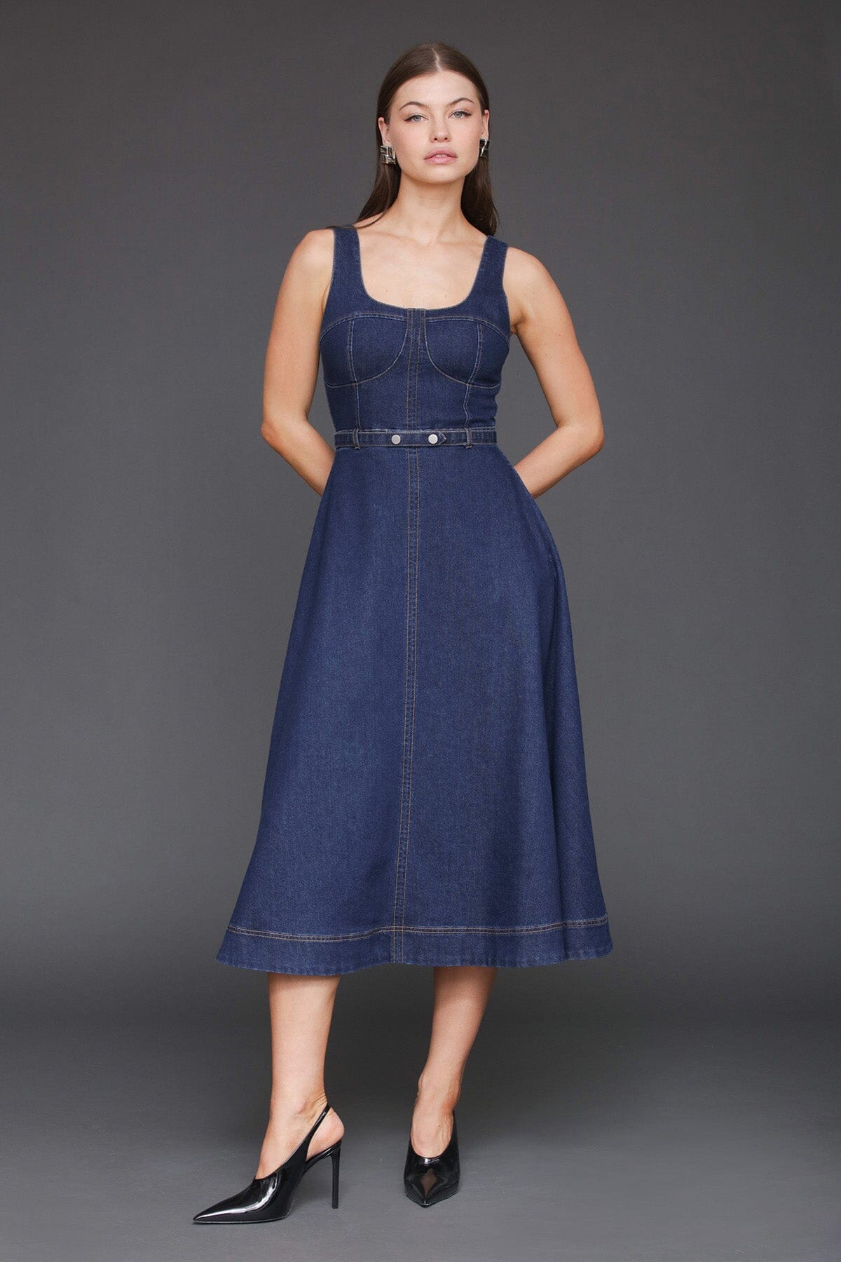 Denim fit & flare bustier cotton blend dark blue midi dress with removable denim belt and sleeveless tank-style straps - Cute women's midi dresses by Avec Les Filles