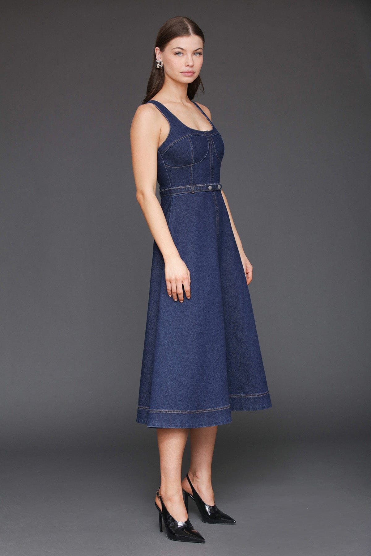 Denim fit & flare bustier cotton blend dark blue midi dress with removable denim belt and sleeveless tank-style straps - Cute women's midi dresses by Avec Les Filles