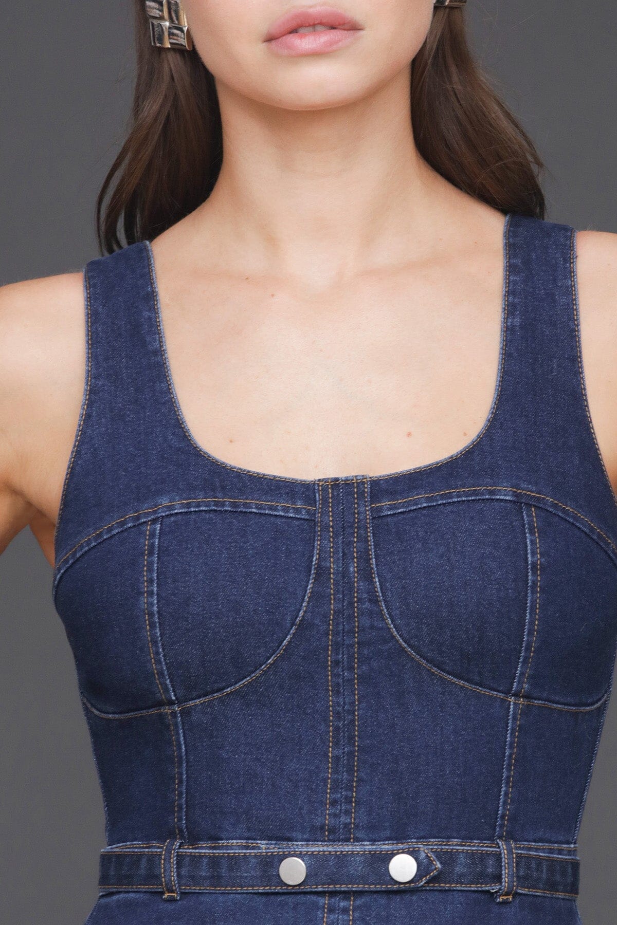 Denim fit & flare bustier cotton blend dark blue midi dress with removable denim belt and sleeveless tank-style straps - Cute women's midi dresses by Avec Les Filles