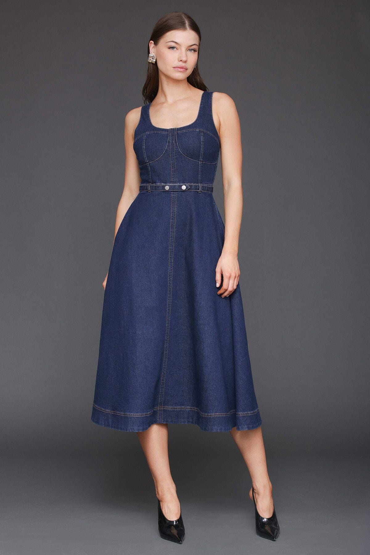 Denim fit & flare bustier cotton blend dark blue midi dress with removable denim belt and sleeveless tank-style straps - Cute women's midi dresses by Avec Les Filles