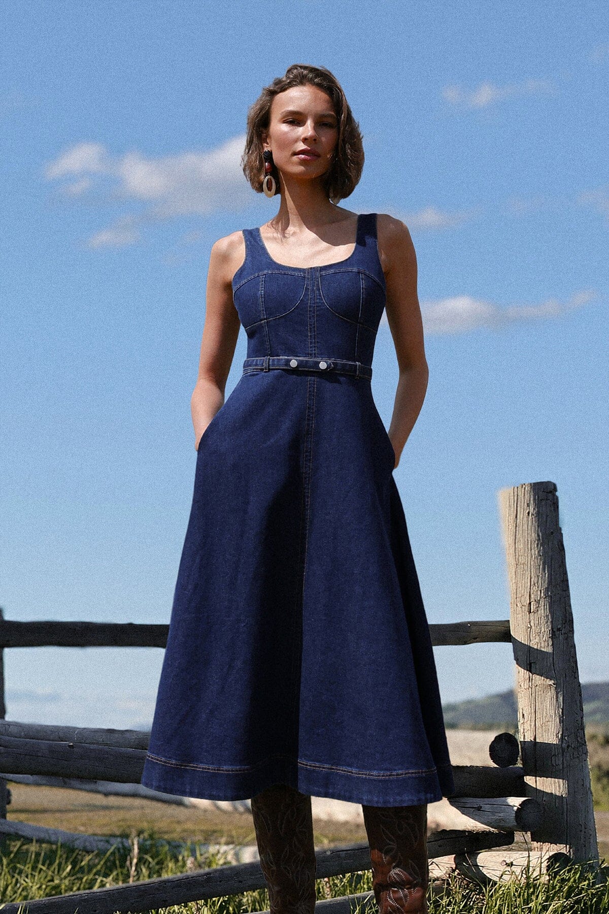 Denim Fit & Flare Bustier Midi Dress Dresses Avec Les Filles
