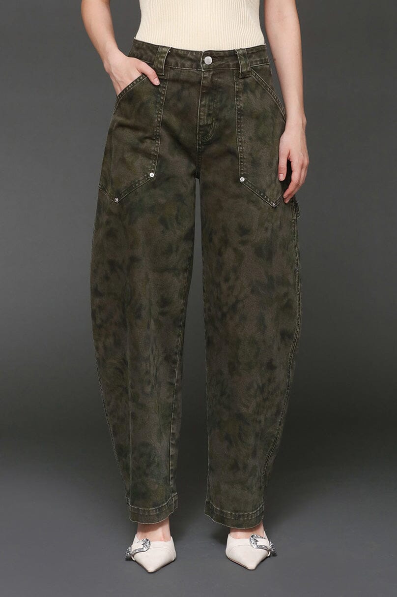 Flower camo cargo barrel jeans made from cotton blend with tonal floral camouflage print and patch pockets - Cute women's pants by Avec Les Filles