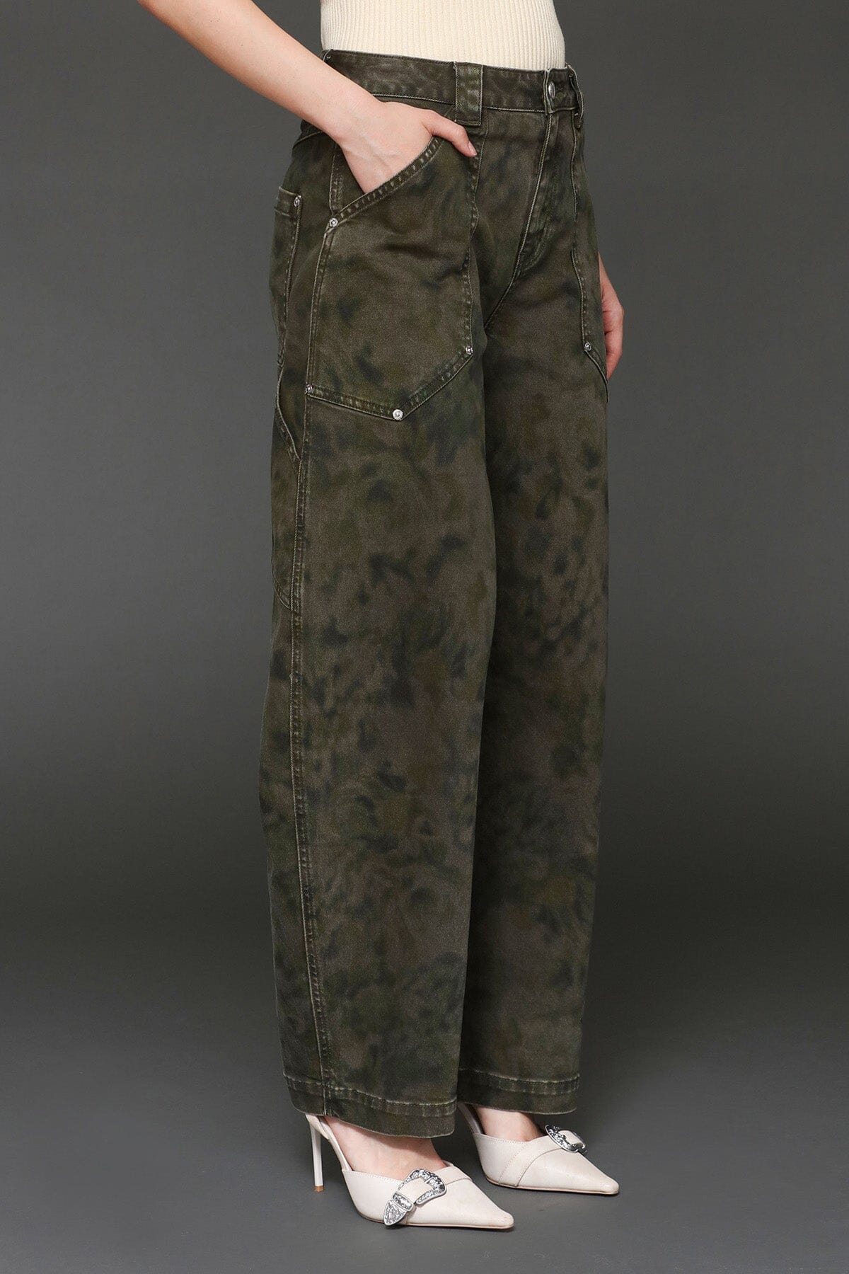 Flower camo cargo barrel jeans made from cotton blend with tonal floral camouflage print and patch pockets - Cute women's pants by Avec Les Filles
