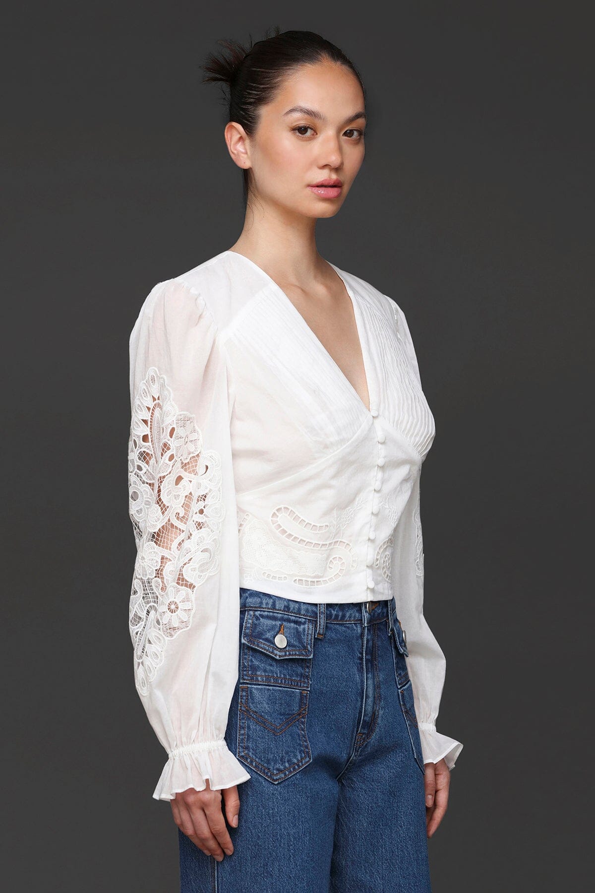 Floral embroidered puff sleeve white blouse made from 100% cotton with V-neckline and button front closure - Cute women's tops by Avec Les Filles