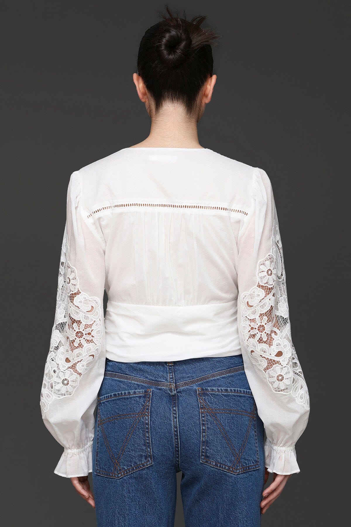 Floral embroidered puff sleeve white blouse made from 100% cotton with V-neckline and button front closure - Cute women's tops by Avec Les Filles
