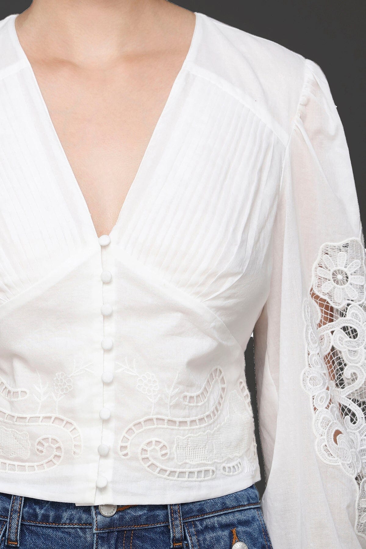 Floral embroidered puff sleeve white blouse made from 100% cotton with V-neckline and button front closure - Cute women's tops by Avec Les Filles