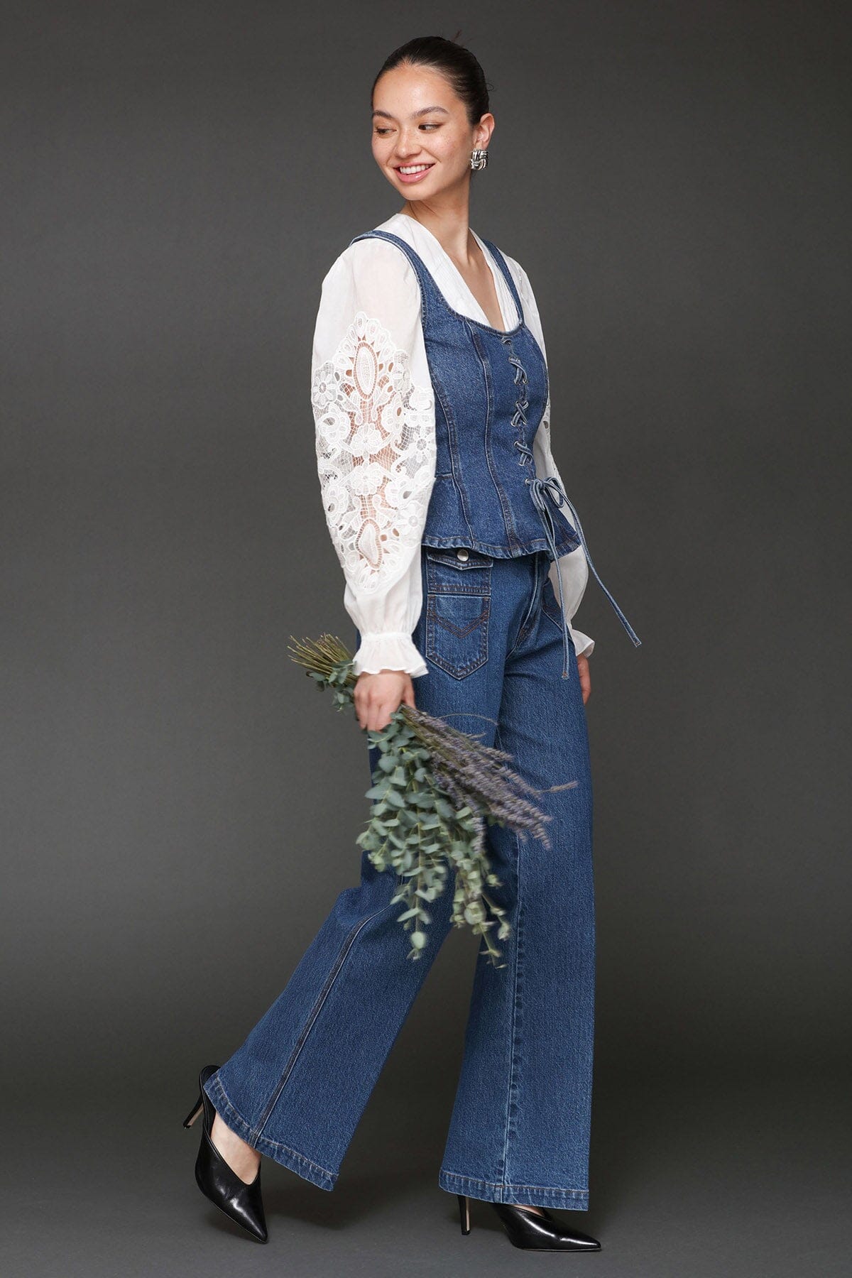 Floral embroidered puff sleeve white blouse made from 100% cotton with V-neckline and button front closure - Cute women's tops by Avec Les Filles