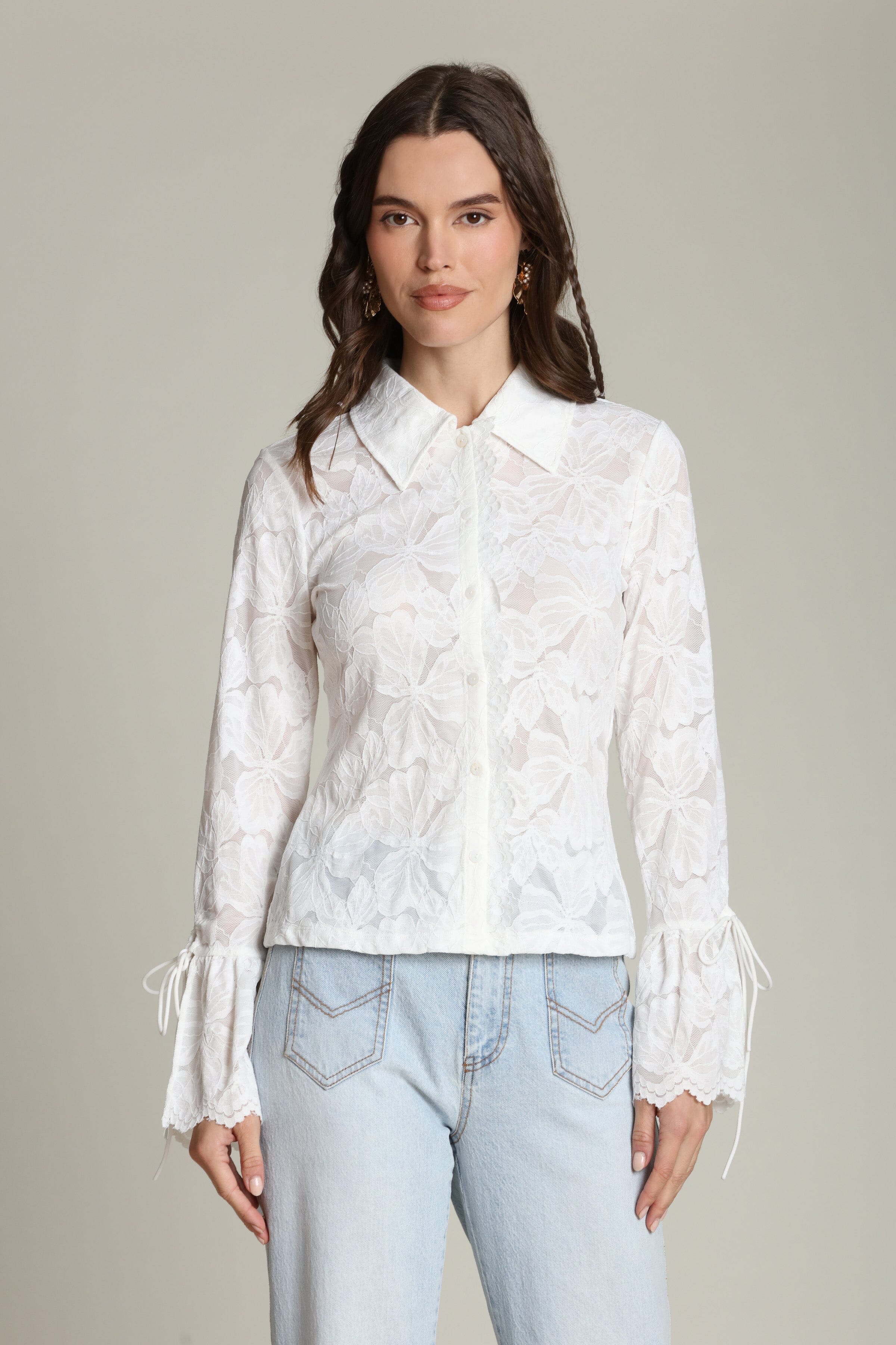 Sheer lace tie-cuff button-front white shirt with long sleeves and a point collar - Shop women's designer shirts by Avec Les Filles