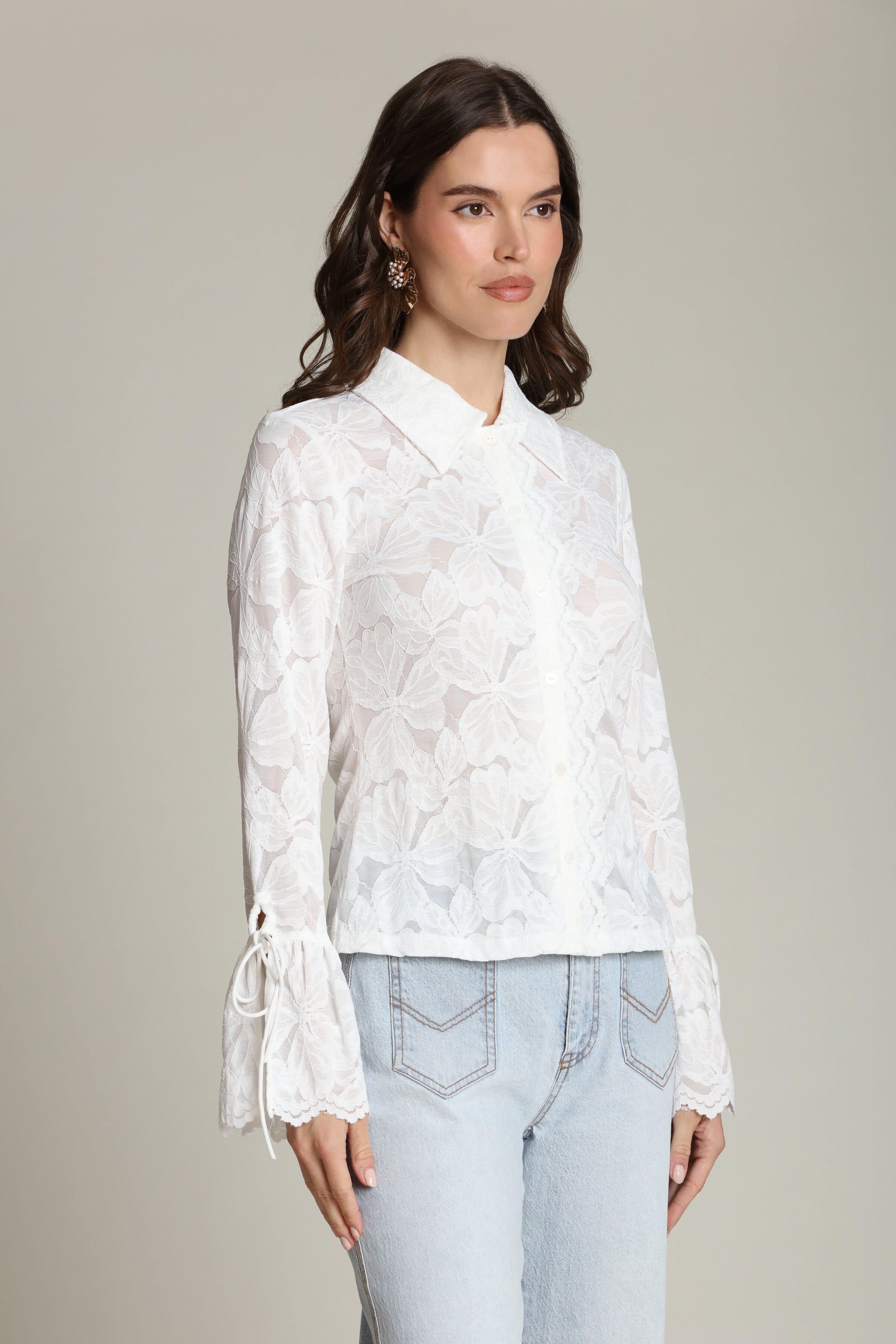 Sheer lace tie-cuff button-front white shirt with long sleeves and a point collar - Shop women's designer shirts by Avec Les Filles