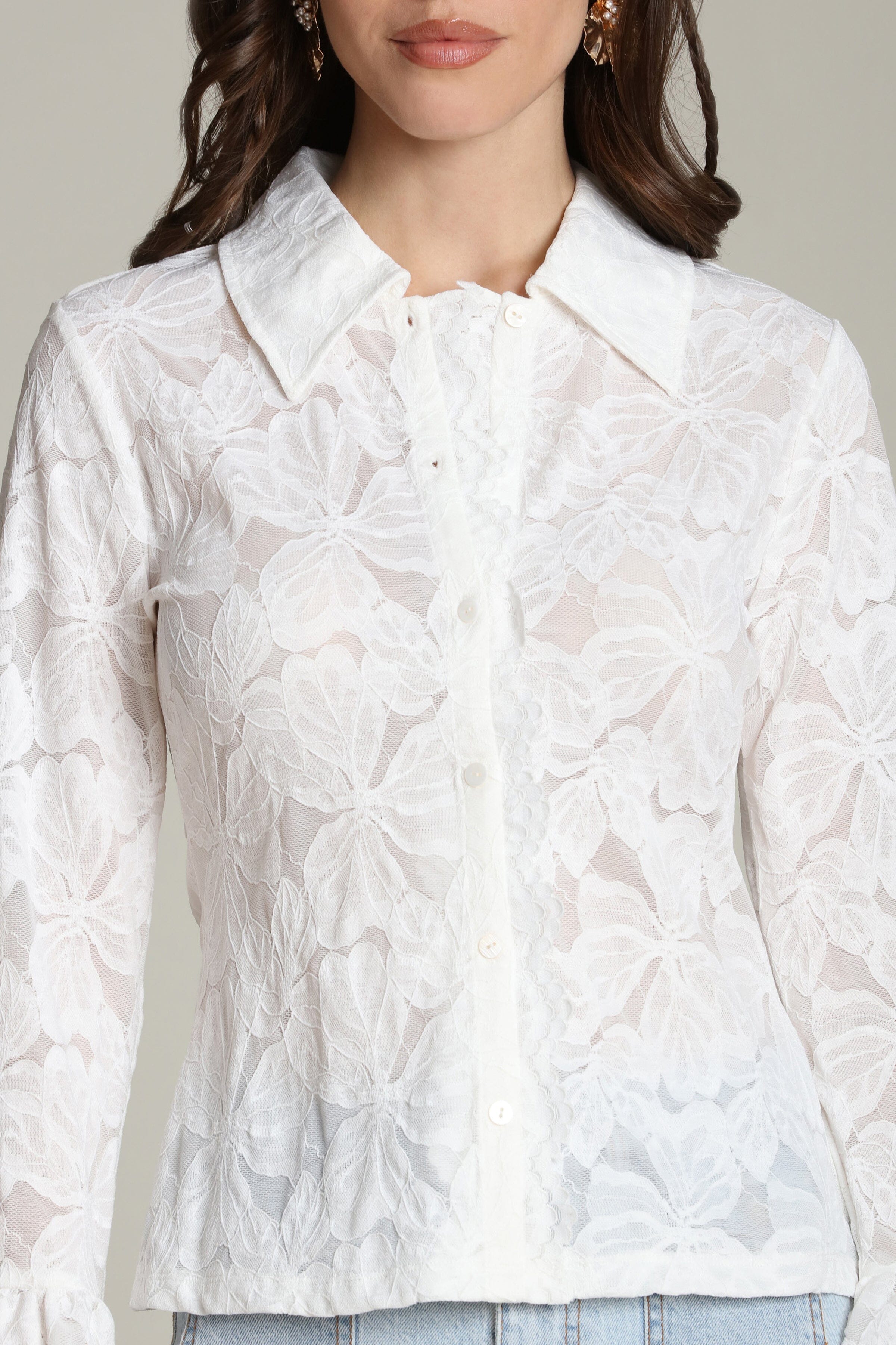 Sheer lace tie-cuff button-front white shirt with long sleeves and a point collar - Shop women's designer shirts by Avec Les Filles