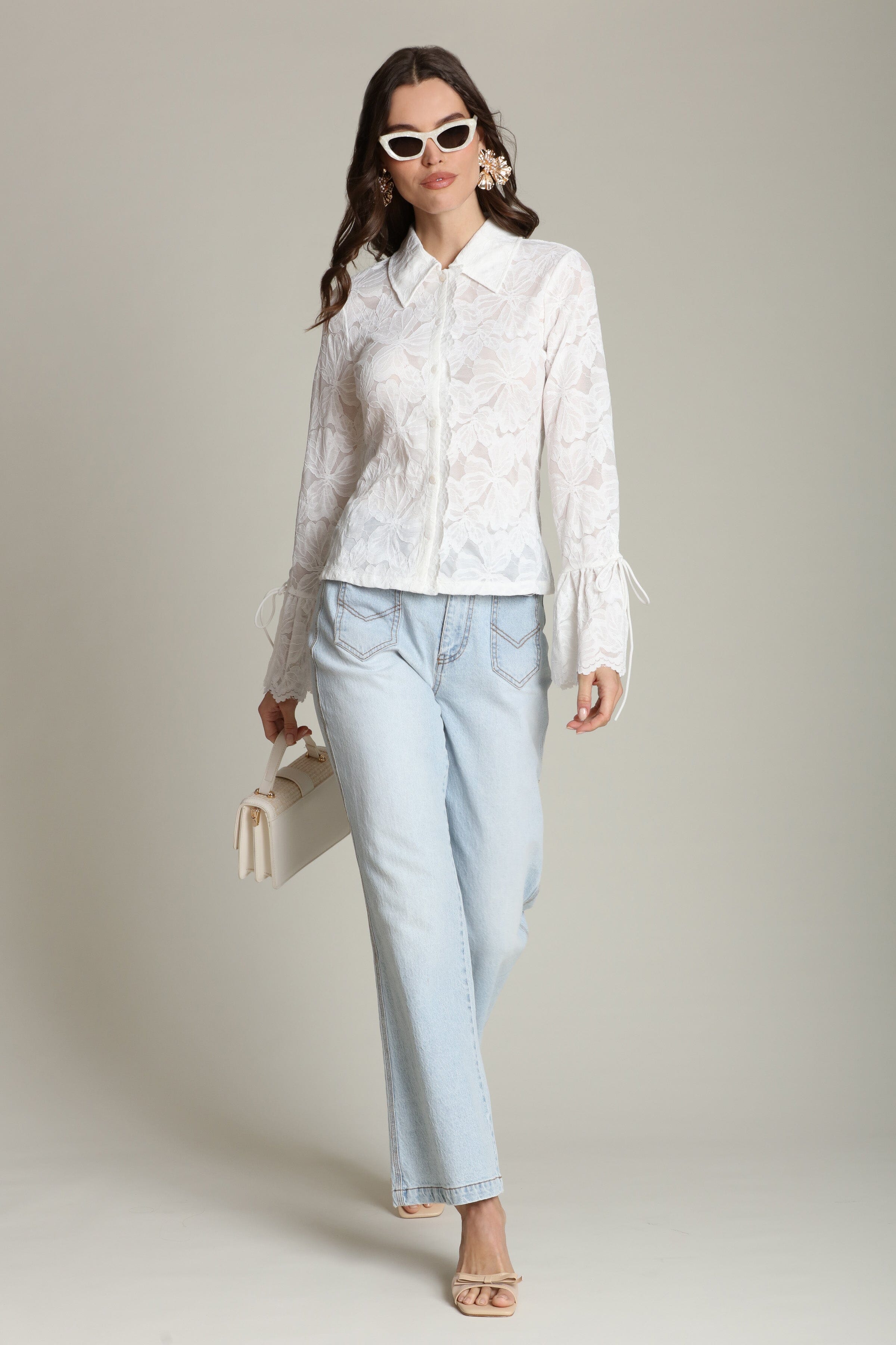 Sheer lace tie-cuff button-front white shirt with long sleeves and a point collar - Shop women's designer shirts by Avec Les Filles