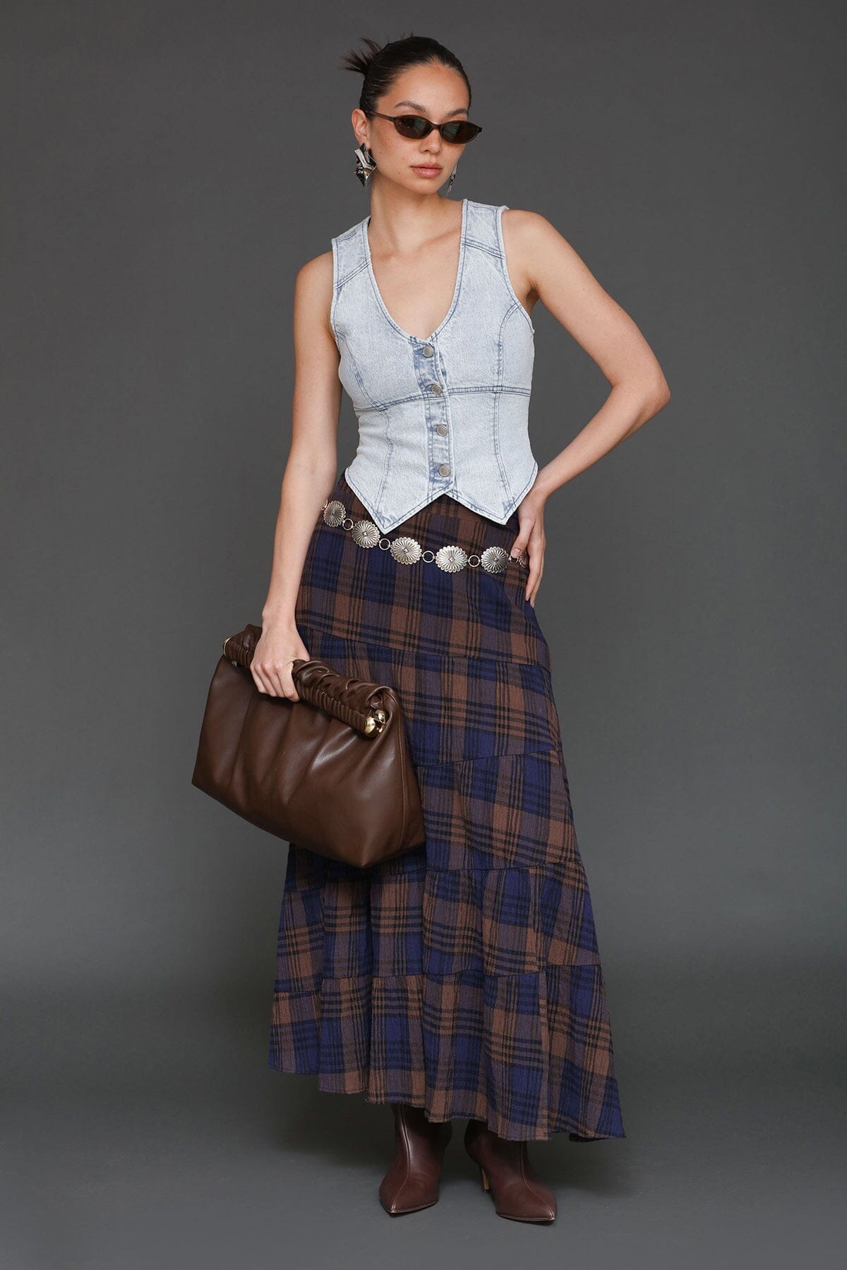 Plaid three-tiered brown multicolor maxi skirt made from 100% cotton with a hidden elastic waistband – Cute women’s maxi skirt by Avec Les Filles