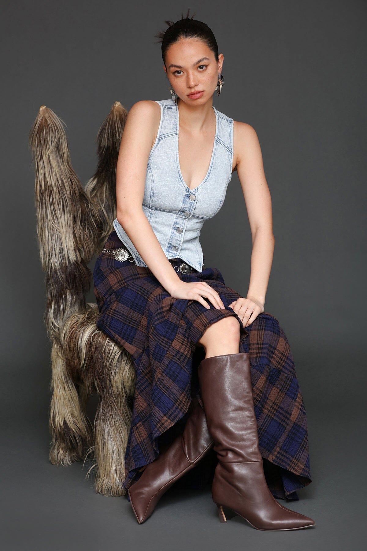 Plaid three-tiered brown multicolor maxi skirt made from 100% cotton with a hidden elastic waistband – Cute women’s maxi skirt by Avec Les Filles