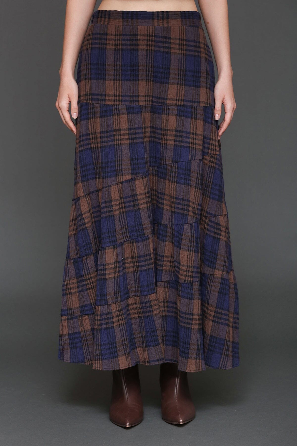 Plaid three-tiered brown multicolor maxi skirt made from 100% cotton with a hidden elastic waistband – Cute women’s maxi skirt by Avec Les Filles
