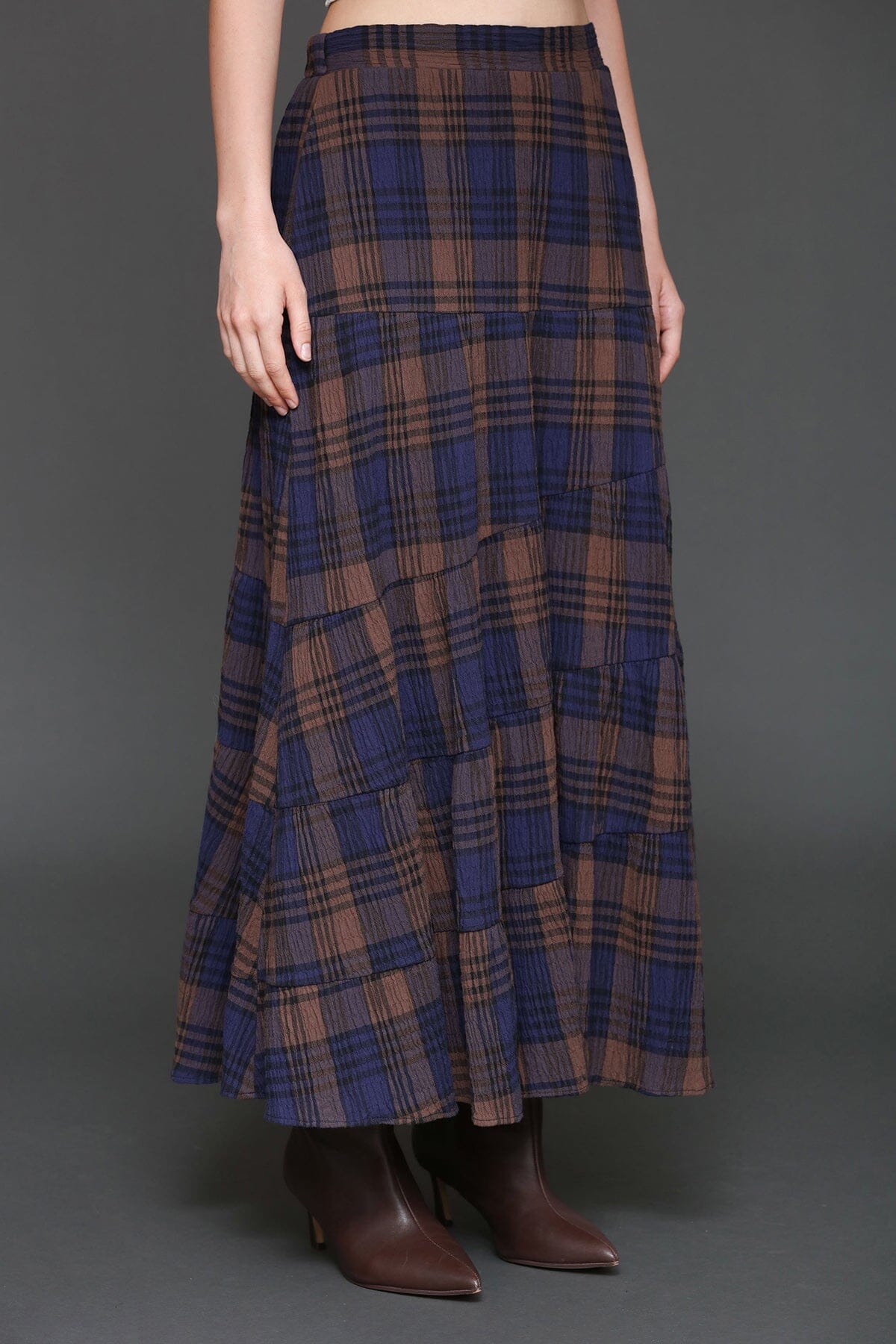 Plaid three-tiered brown multicolor maxi skirt made from 100% cotton with a hidden elastic waistband – Cute women’s maxi skirt by Avec Les Filles
