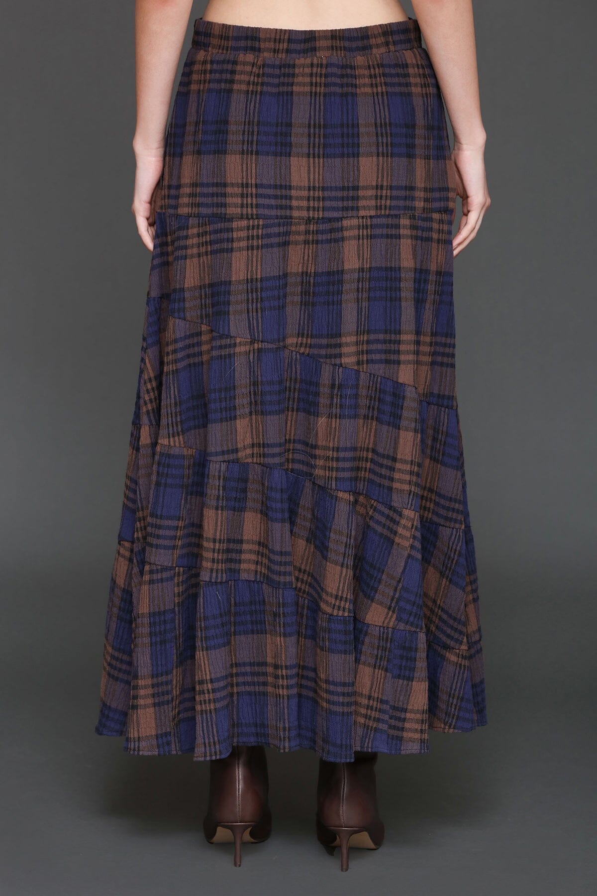 Plaid three-tiered brown multicolor maxi skirt made from 100% cotton with a hidden elastic waistband – Cute women’s maxi skirt by Avec Les Filles