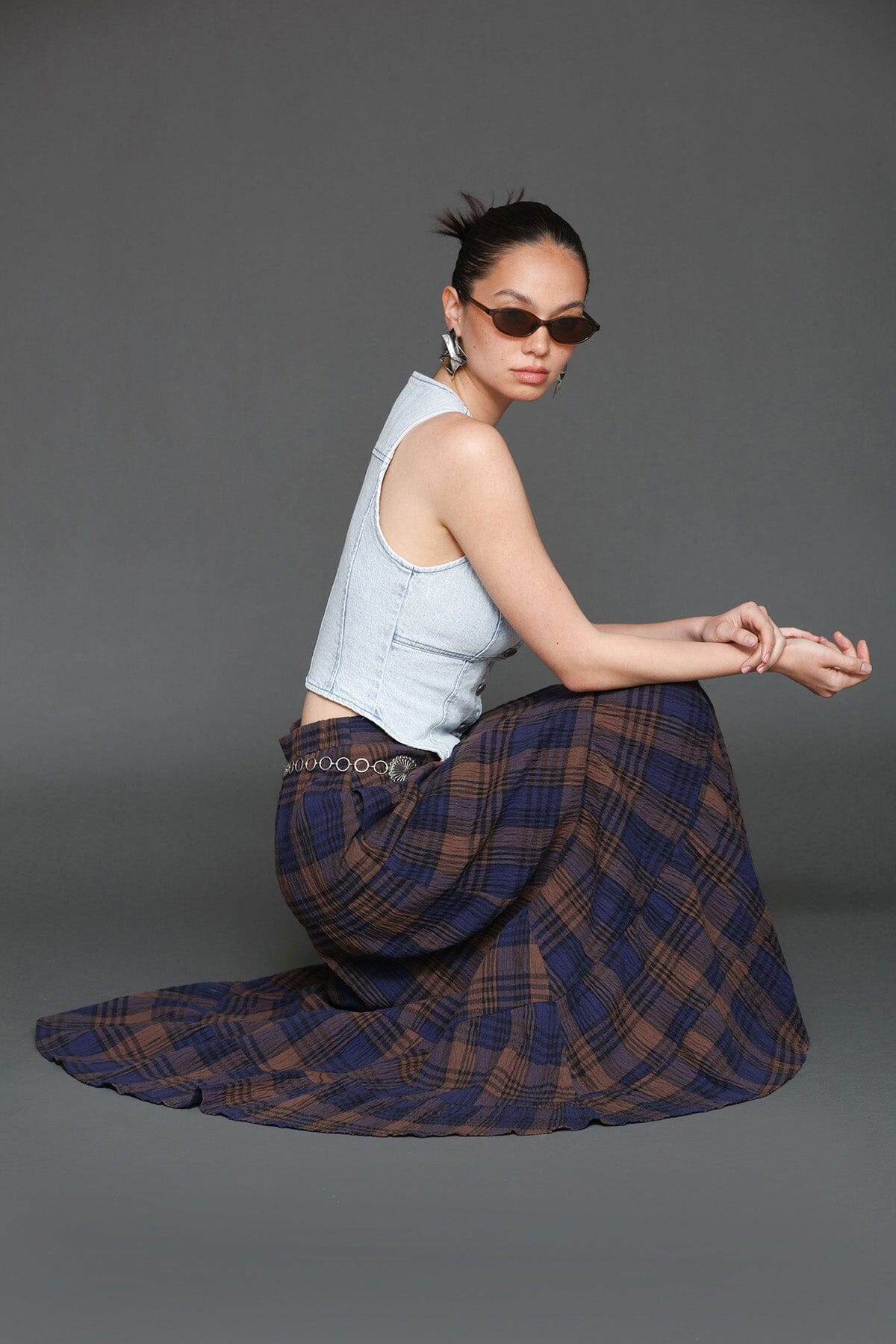 Plaid three-tiered brown multicolor maxi skirt made from 100% cotton with a hidden elastic waistband – Cute women’s maxi skirt by Avec Les Filles
