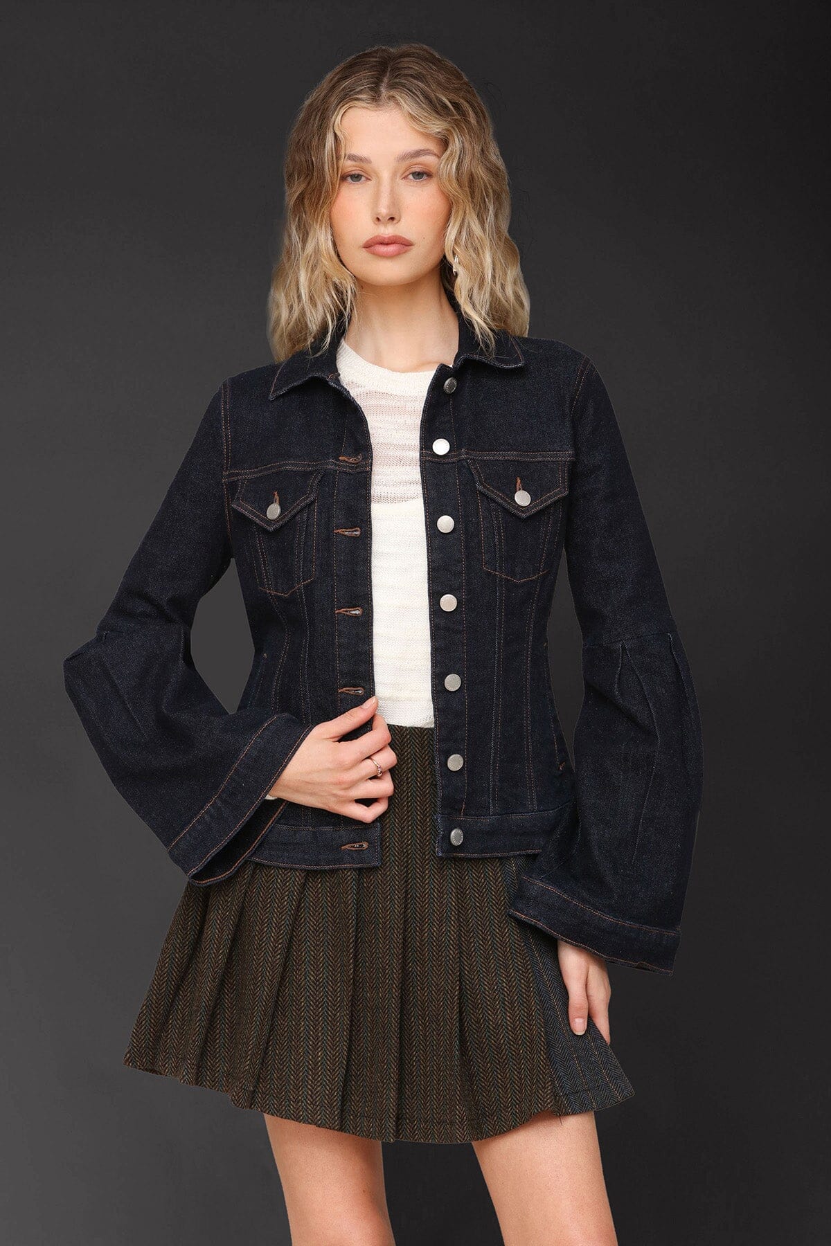 Lantern sleeve denim deep indigo jacket with point collar, button-front and long flared sleeves - Cute women's jackets by Avec Les Filles