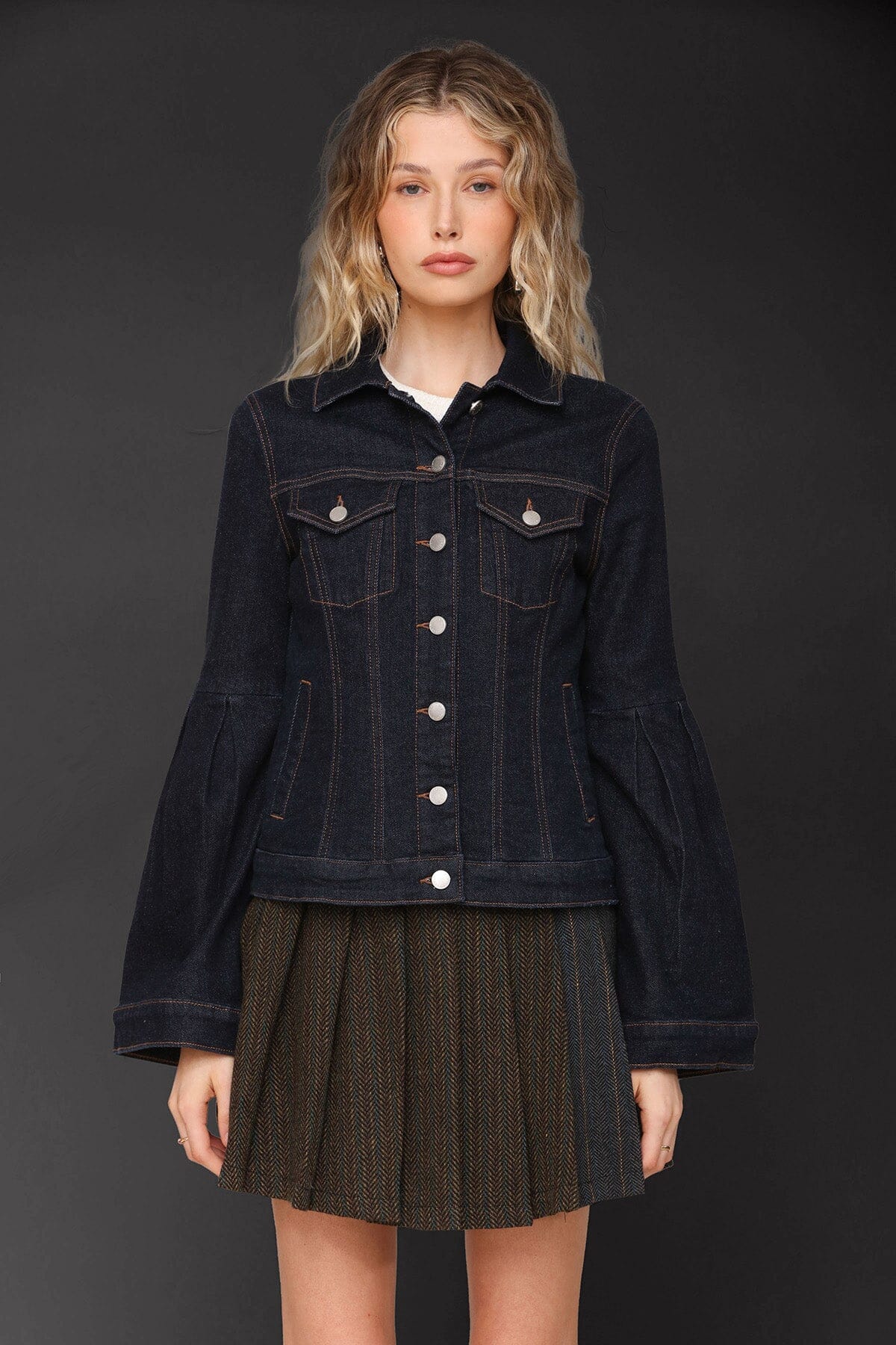 Lantern sleeve denim deep indigo jacket with point collar, button-front and long flared sleeves - Cute women's jackets by Avec Les Filles