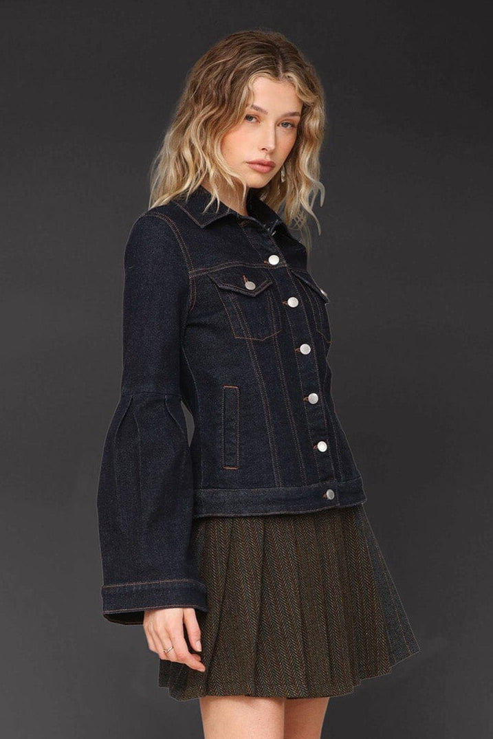 Lantern sleeve denim deep indigo jacket with point collar, button-front and long flared sleeves - Cute women's jackets by Avec Les Filles