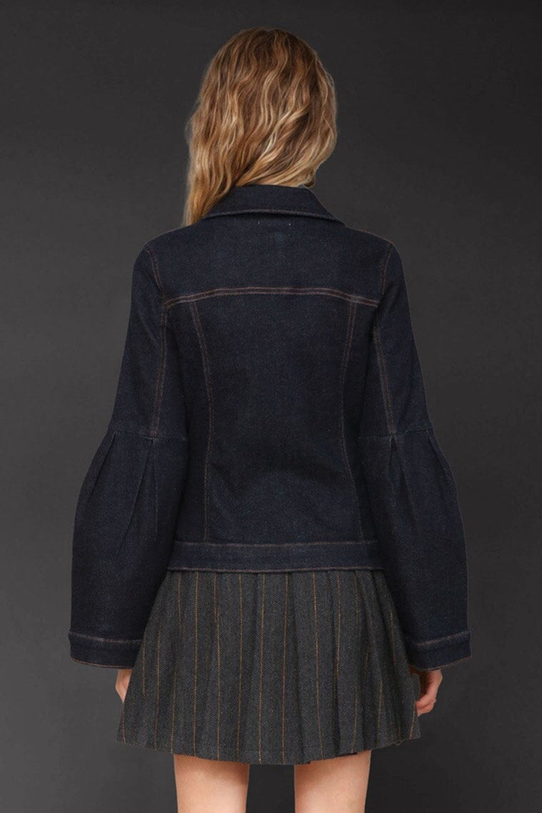 Lantern sleeve denim deep indigo jacket with point collar, button-front and long flared sleeves - Cute women's jackets by Avec Les Filles