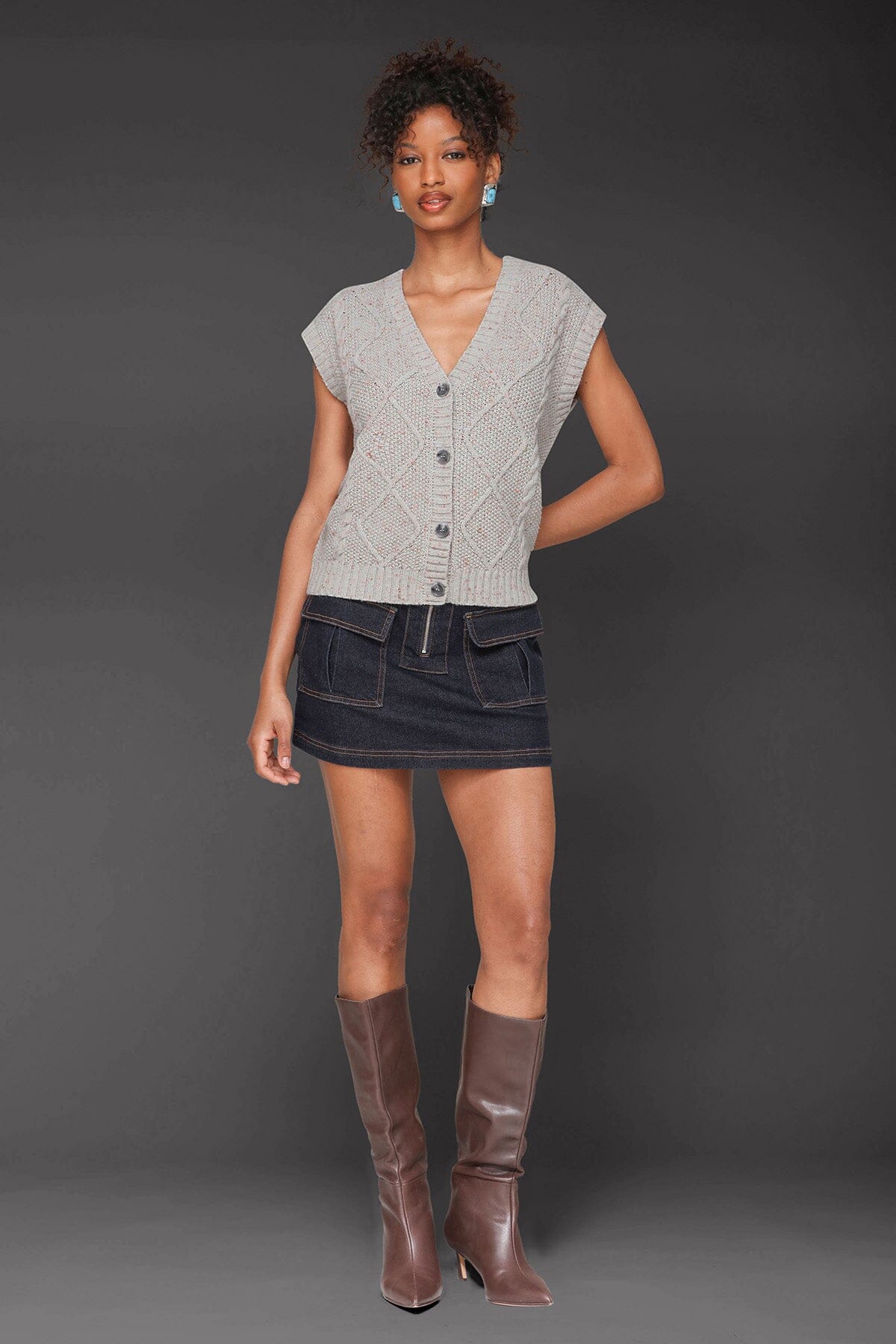 Textured grey donegal knit button-front vest top with deep V-neckline and sleeveless rolled cap - Cute women's tops by Avec Les Filles