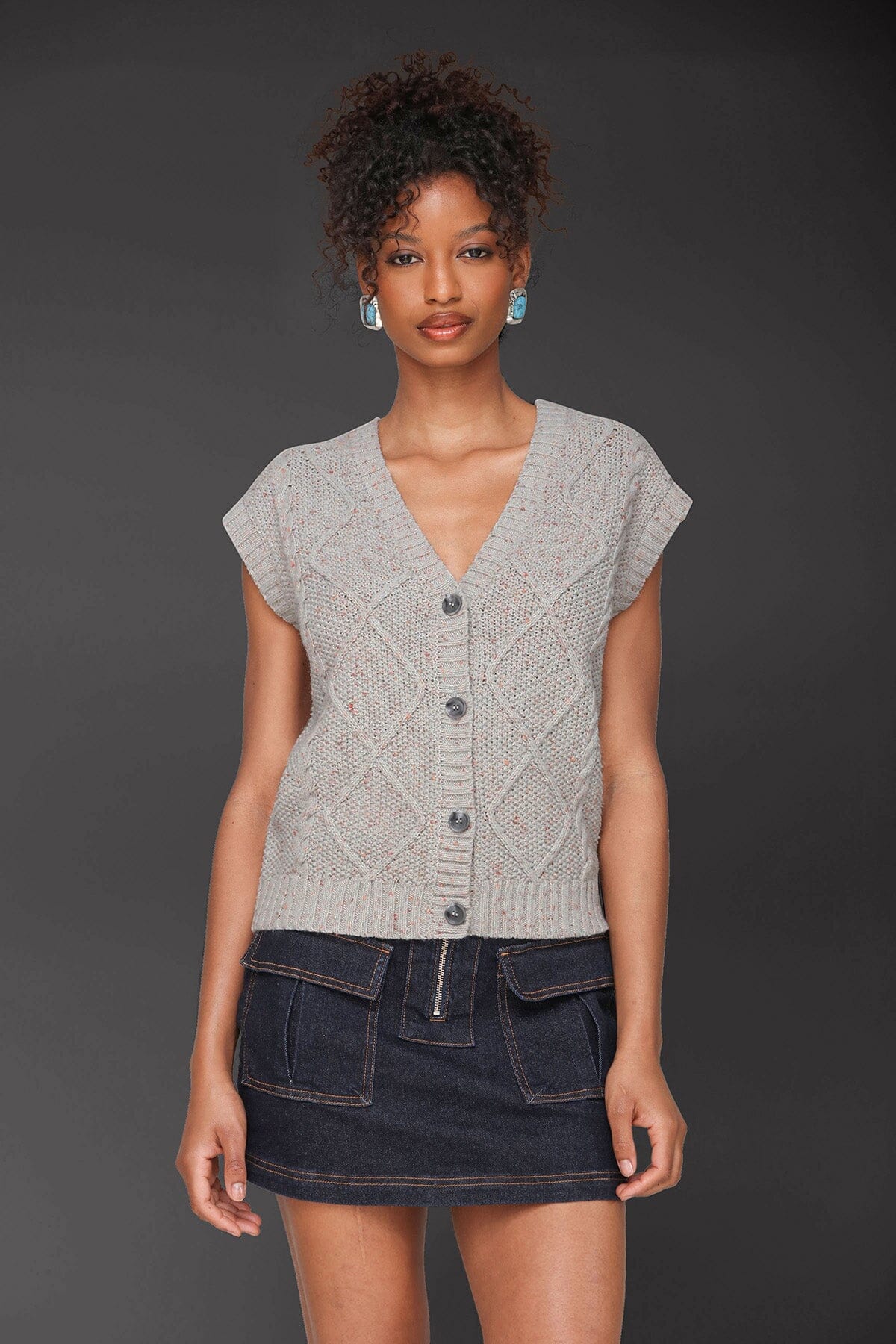 Textured grey donegal knit button-front vest top with deep V-neckline and sleeveless rolled cap - Cute women's tops by Avec Les Filles