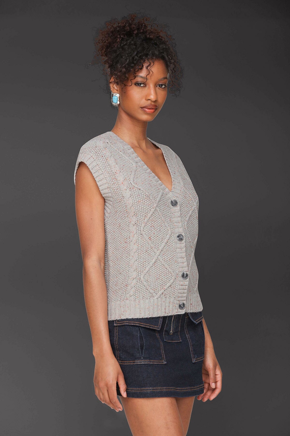 Textured grey donegal knit button-front vest top with deep V-neckline and sleeveless rolled cap - Cute women's tops by Avec Les Filles