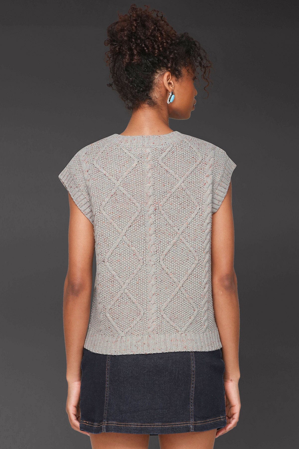 Textured grey donegal knit button-front vest top with deep V-neckline and sleeveless rolled cap - Cute women's tops by Avec Les Filles