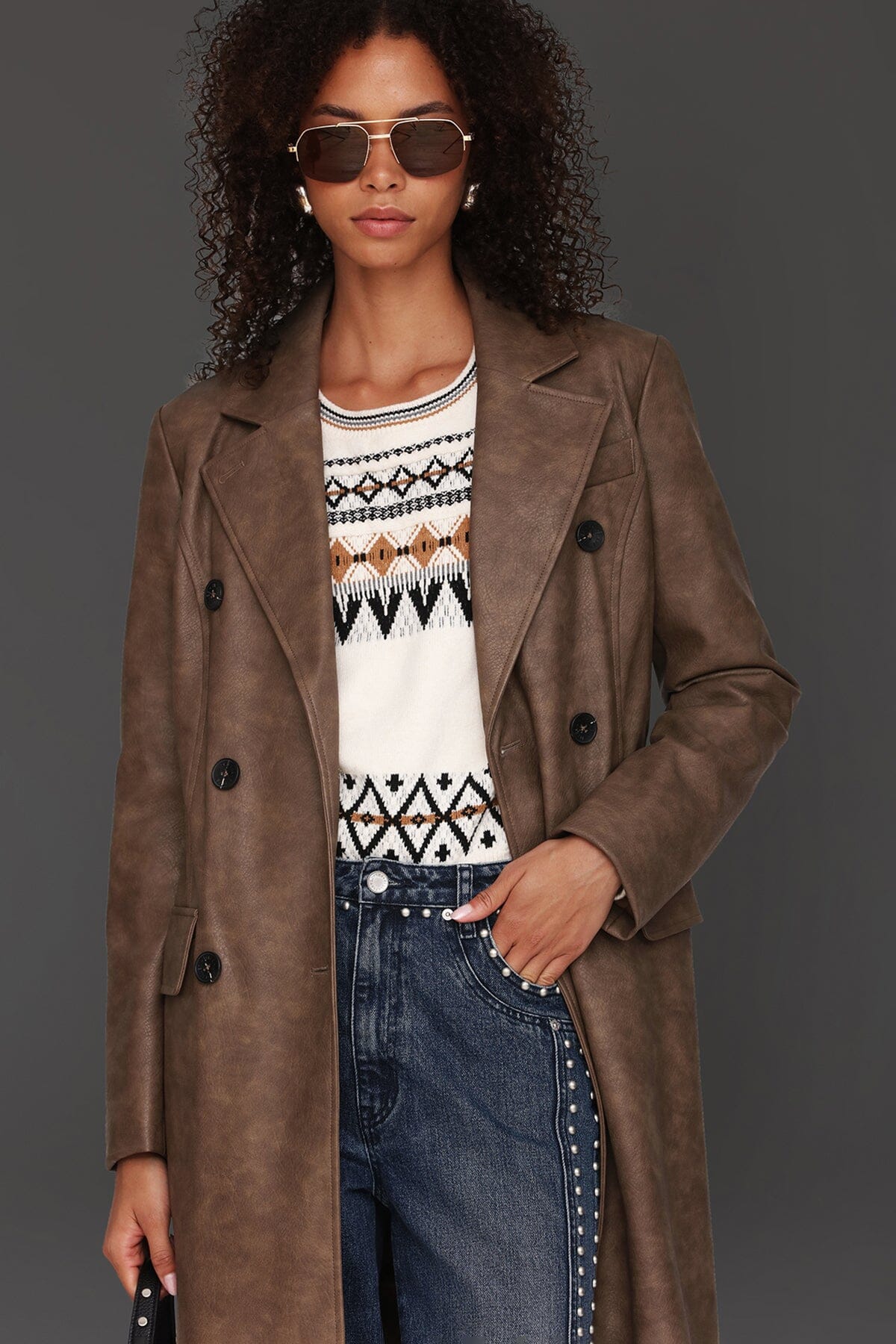 Belted brown faux leather double-breasted trench coat with adjustable self-tie belt - Cute women's long trench coats by Avec Les Filles