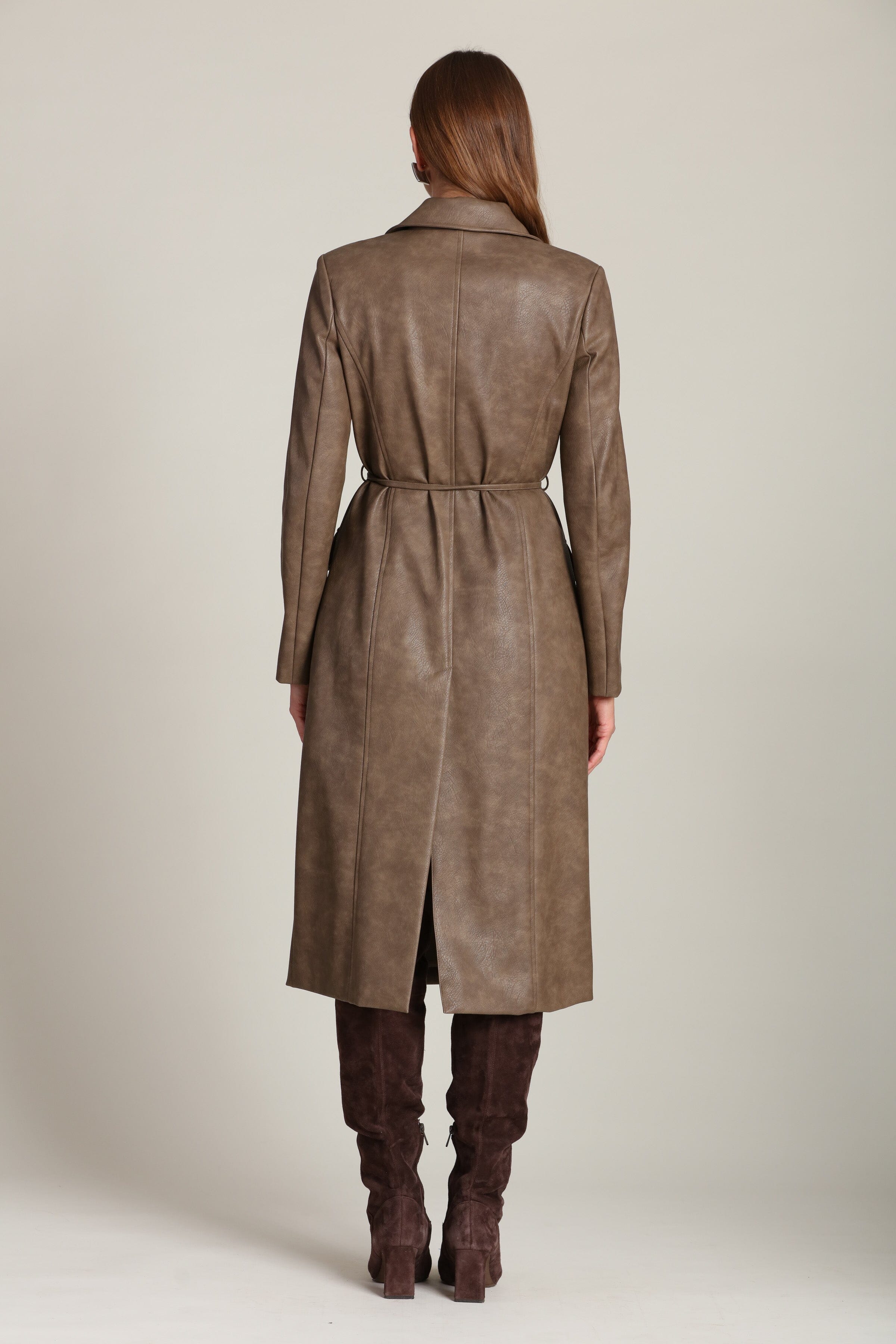 Belted brown faux leather trench coat with adjustable self-tie belt - Shop cute women's vegan leather long trench coats by Avec Les Filles