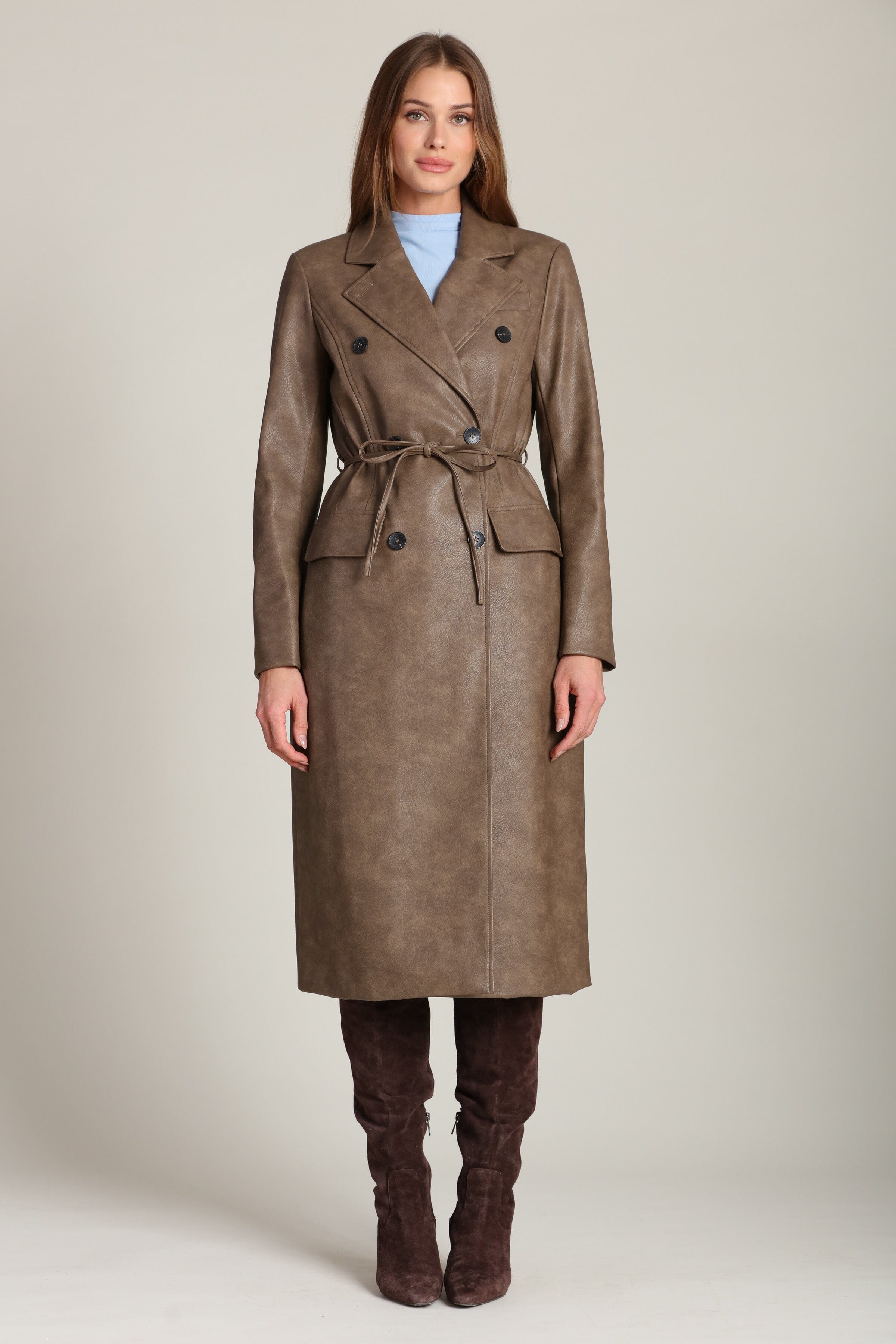 Belted brown faux leather trench coat with adjustable self-tie belt - Shop cute women's vegan leather long trench coats by Avec Les Filles