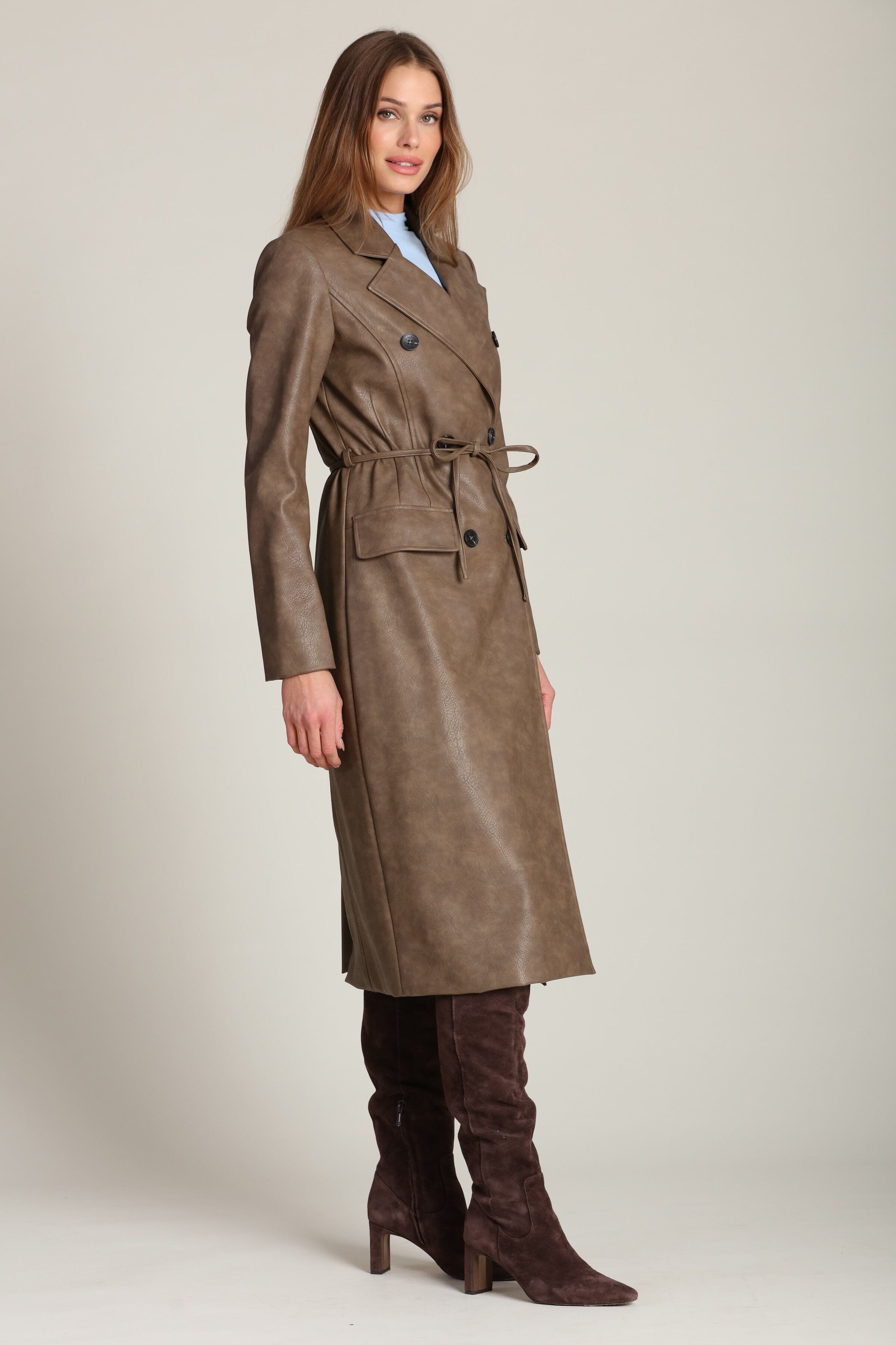 Belted brown faux leather trench coat with adjustable self-tie belt - Shop cute women's vegan leather long trench coats by Avec Les Filles