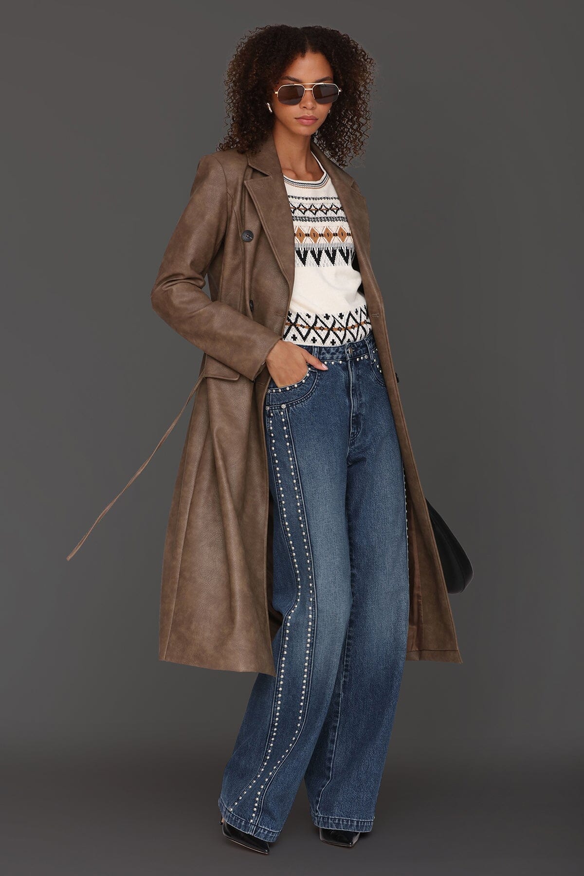 Belted brown faux leather double-breasted trench coat with adjustable self-tie belt - Cute women's long trench coats by Avec Les Filles