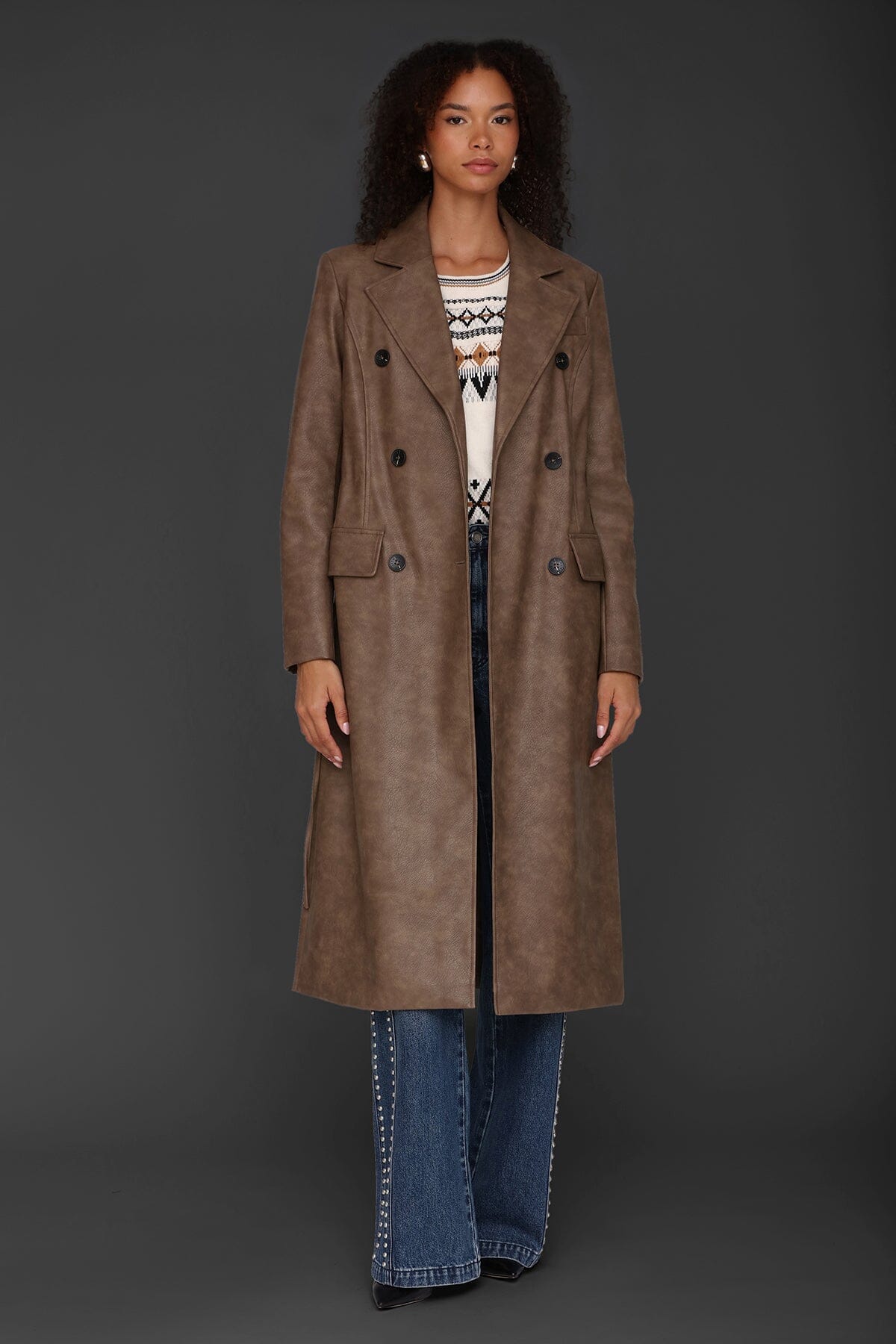 Belted brown faux leather double-breasted trench coat with adjustable self-tie belt - Cute women's long trench coats by Avec Les Filles