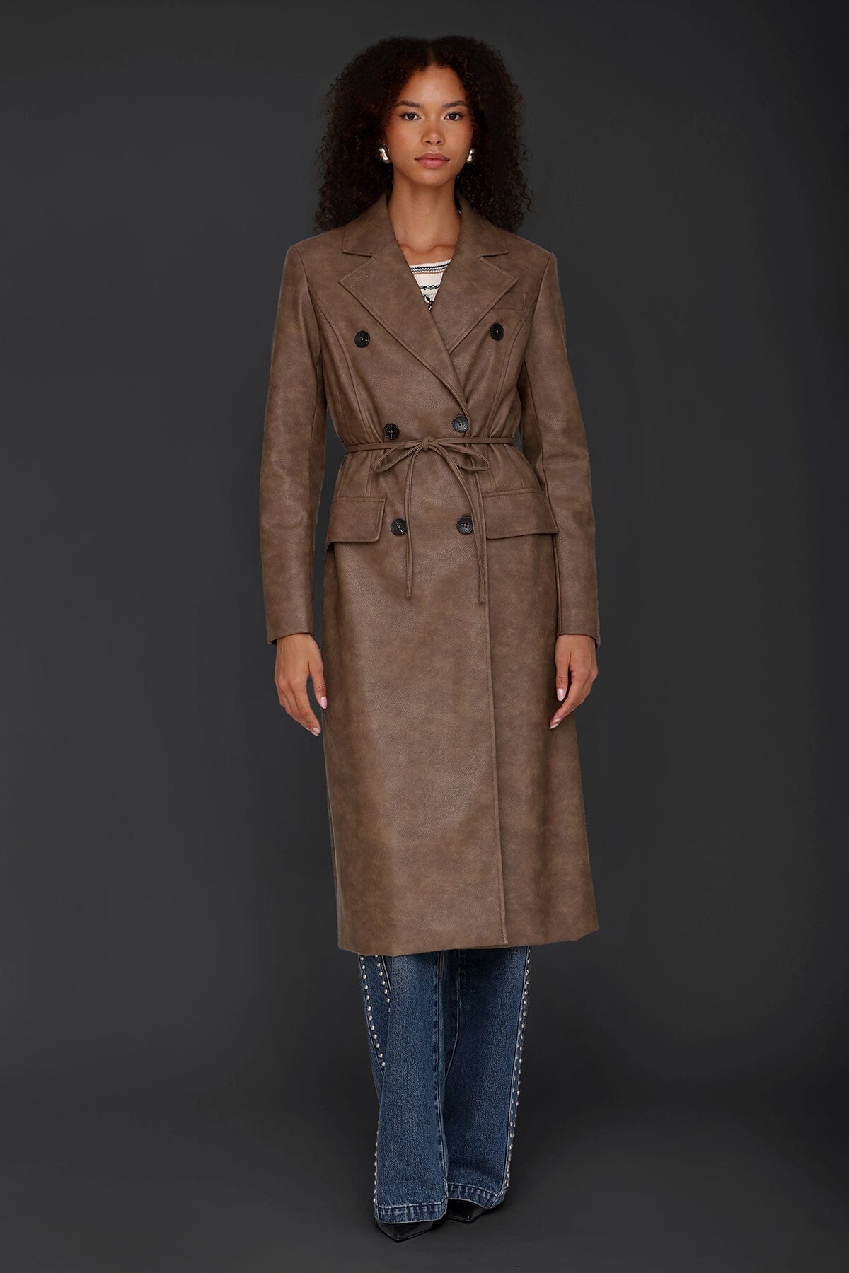 Belted brown faux leather double-breasted trench coat with adjustable self-tie belt - Cute women's long trench coats by Avec Les Filles