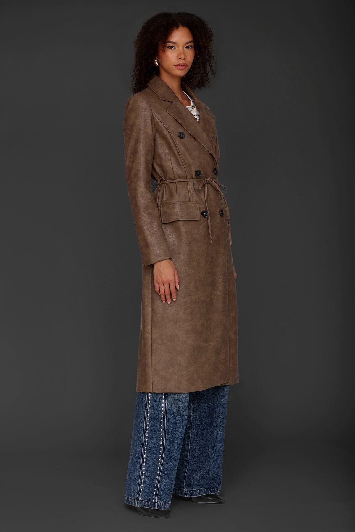 Belted brown faux leather double-breasted trench coat with adjustable self-tie belt - Cute women's long trench coats by Avec Les Filles